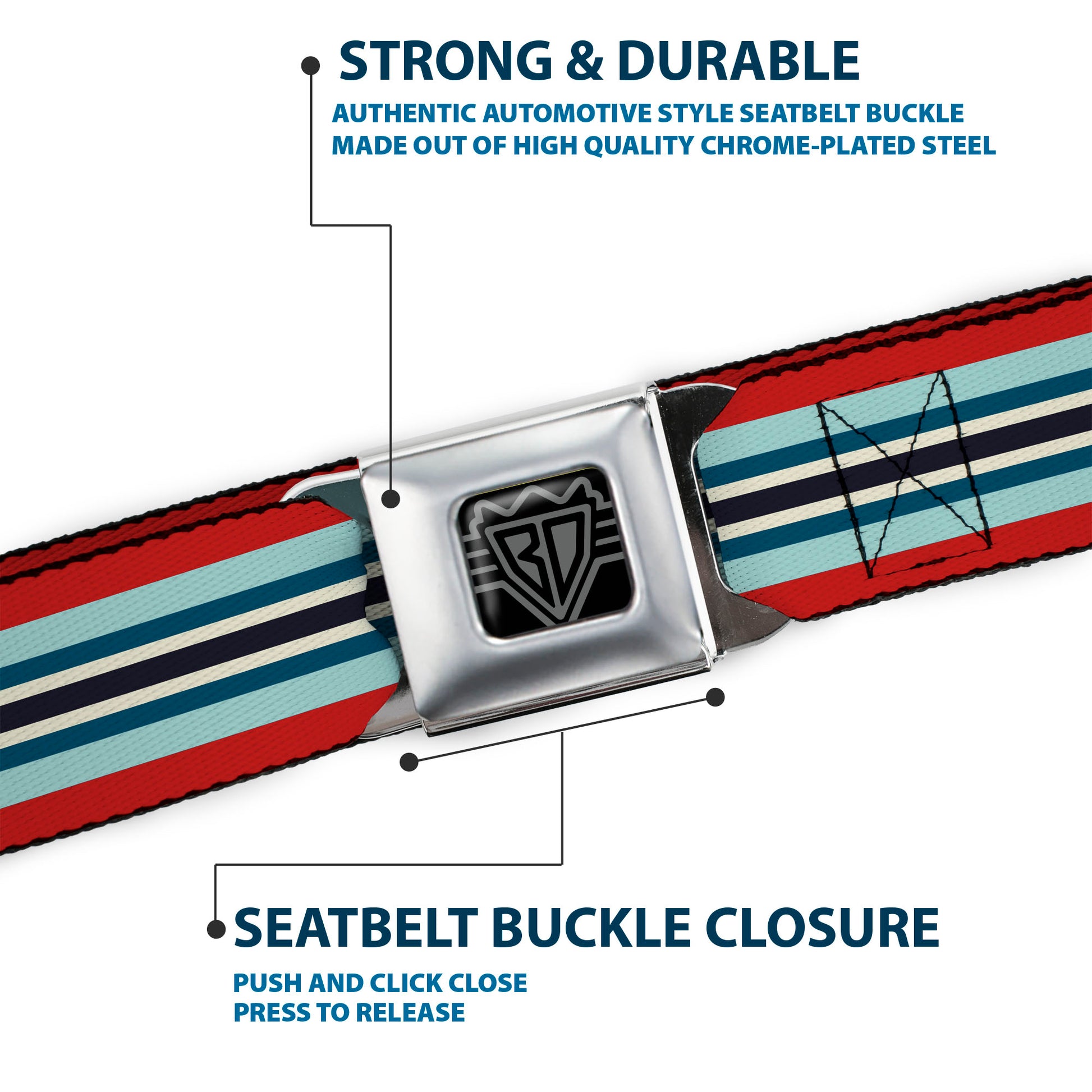 BD Wings Logo CLOSE-UP Full Color Black Silver Seatbelt Belt - Stripes Red/Blues/White Webbing Seatbelt Belts Buckle-Down