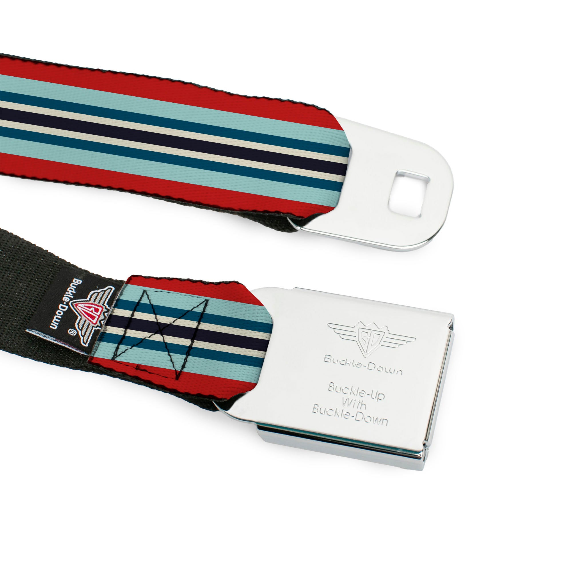 BD Wings Logo CLOSE-UP Full Color Black Silver Seatbelt Belt - Stripes Red/Blues/White Webbing Seatbelt Belts Buckle-Down