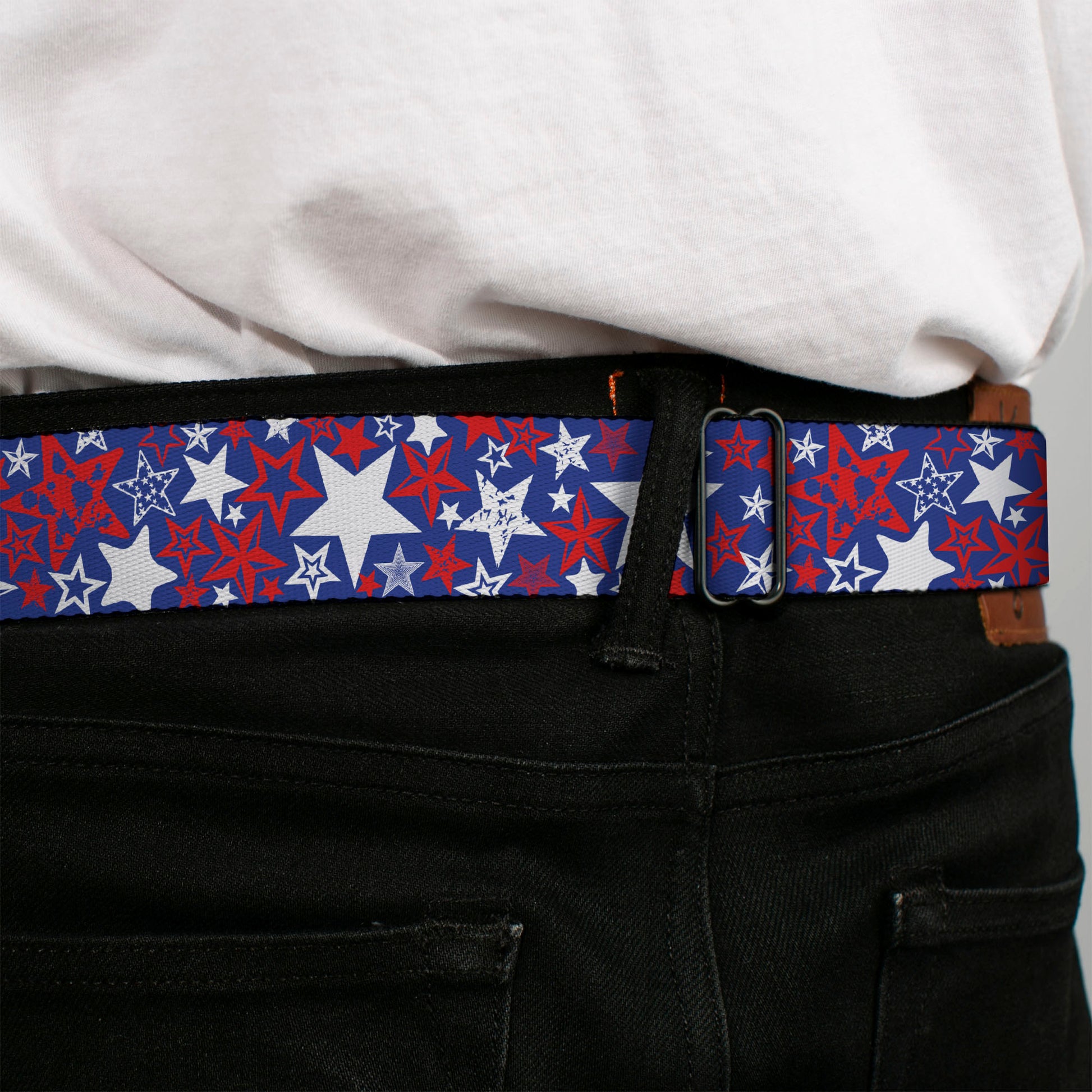 BD Wings Logo CLOSE-UP Full Color Black Silver Seatbelt Belt - Stargazer Blue/White/Red Webbing Seatbelt Belts Buckle-Down