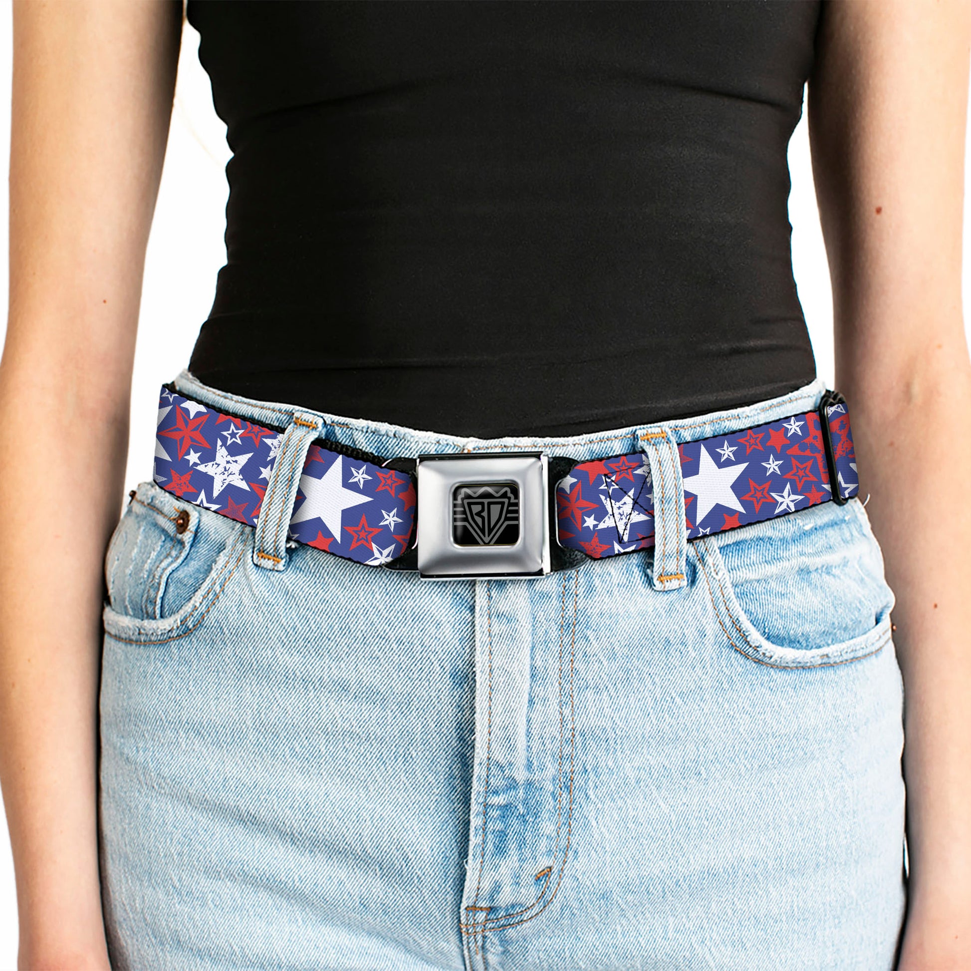 BD Wings Logo CLOSE-UP Full Color Black Silver Seatbelt Belt - Stargazer Blue/White/Red Webbing Seatbelt Belts Buckle-Down