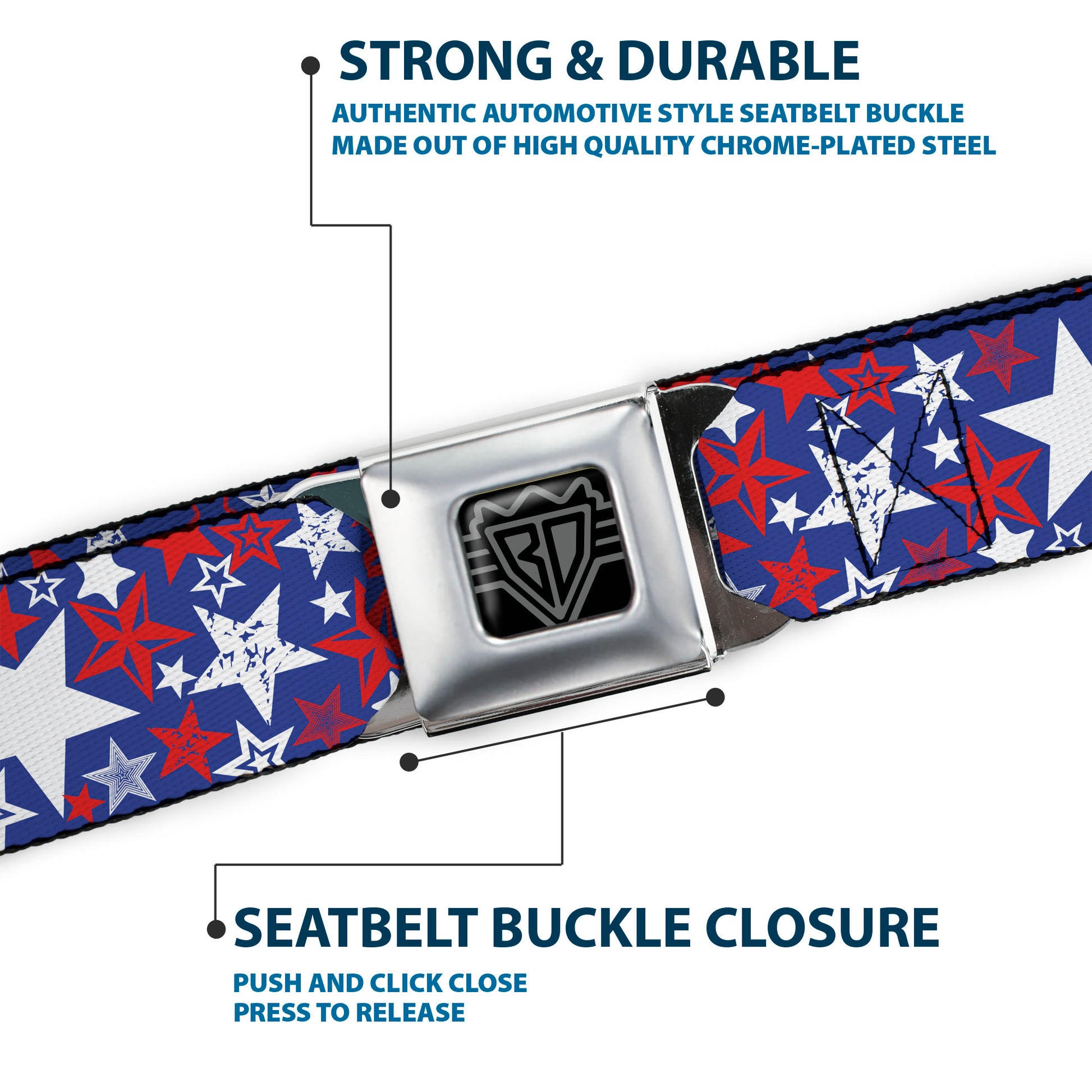 BD Wings Logo CLOSE-UP Full Color Black Silver Seatbelt Belt - Stargazer Blue/White/Red Webbing Seatbelt Belts Buckle-Down