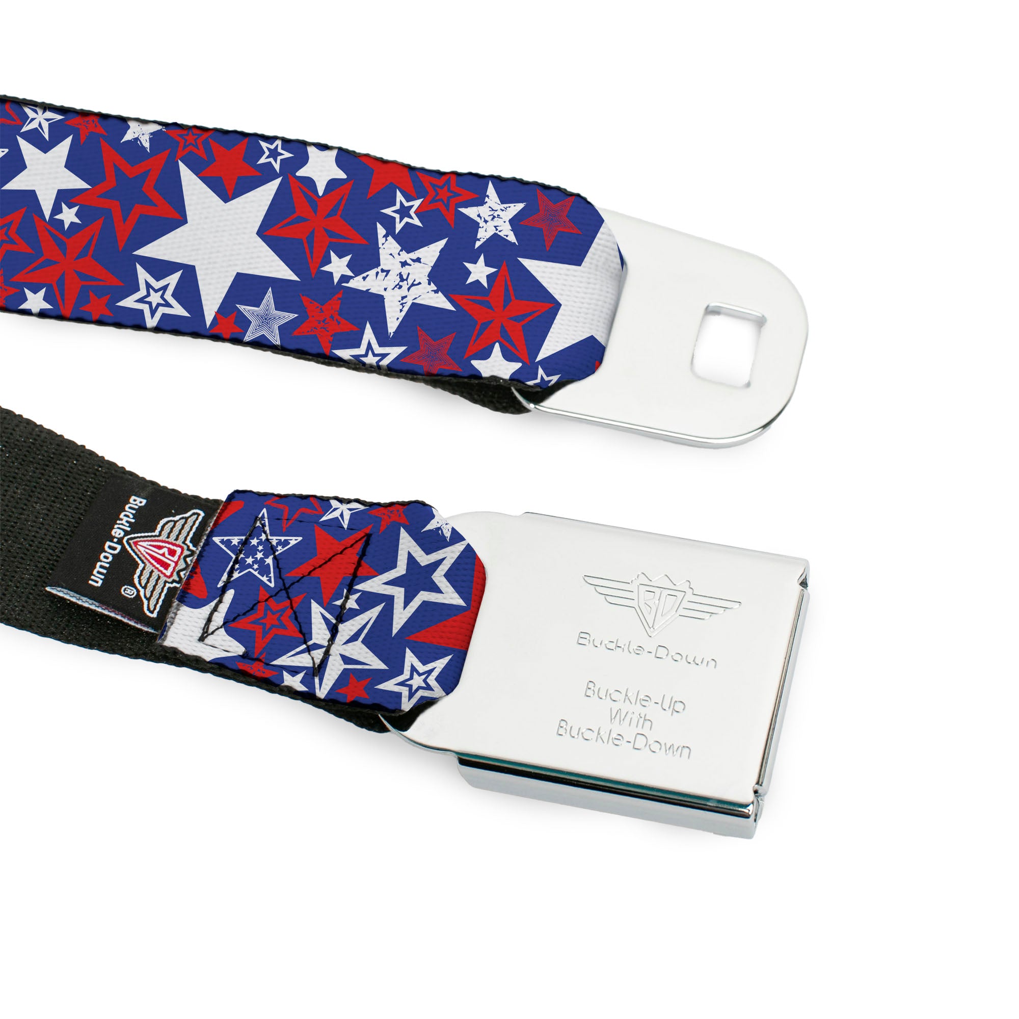 BD Wings Logo CLOSE-UP Full Color Black Silver Seatbelt Belt - Stargazer Blue/White/Red Webbing Seatbelt Belts Buckle-Down