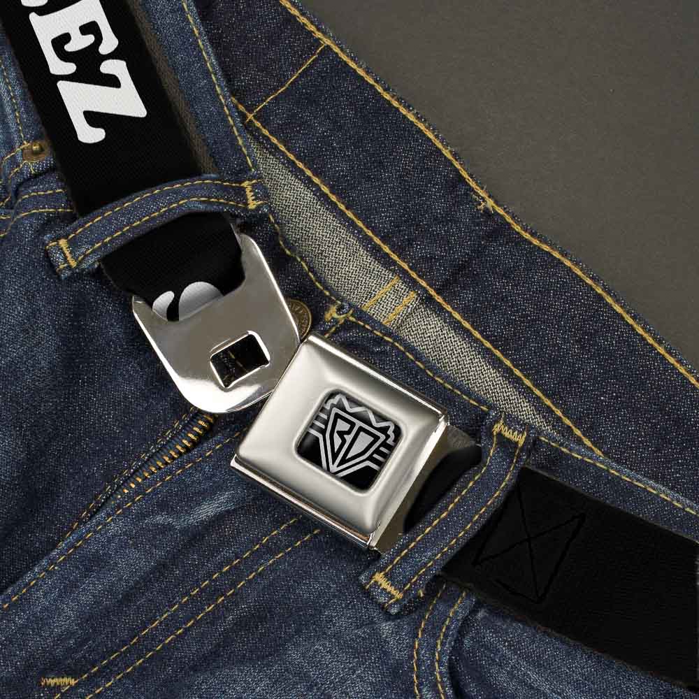 BD Wings Logo CLOSE-UP Full Color Black Silver Seatbelt Belt - STEEZ Black/White Webbing Seatbelt Belts Buckle-Down