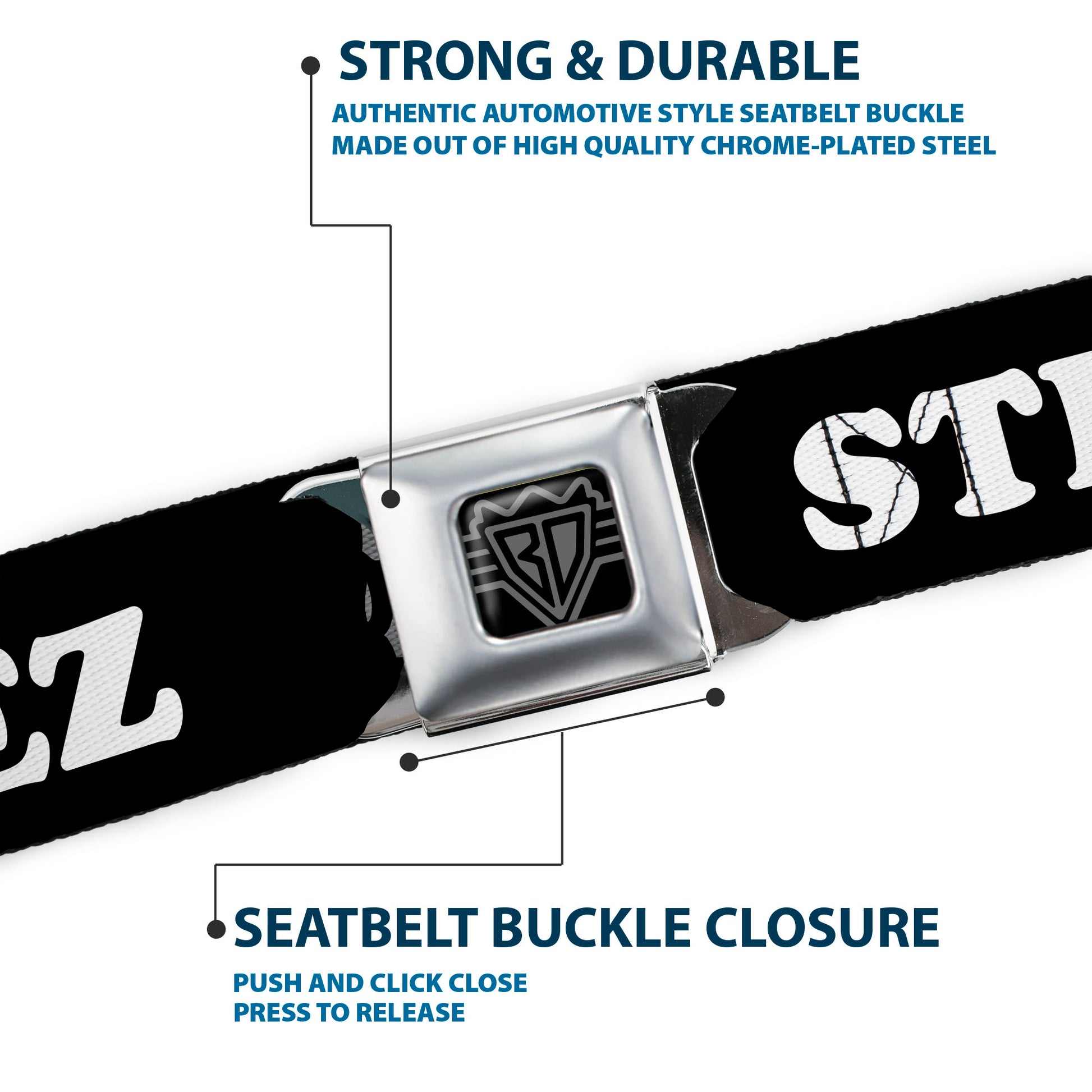 BD Wings Logo CLOSE-UP Full Color Black Silver Seatbelt Belt - STEEZ Black/White Webbing Seatbelt Belts Buckle-Down