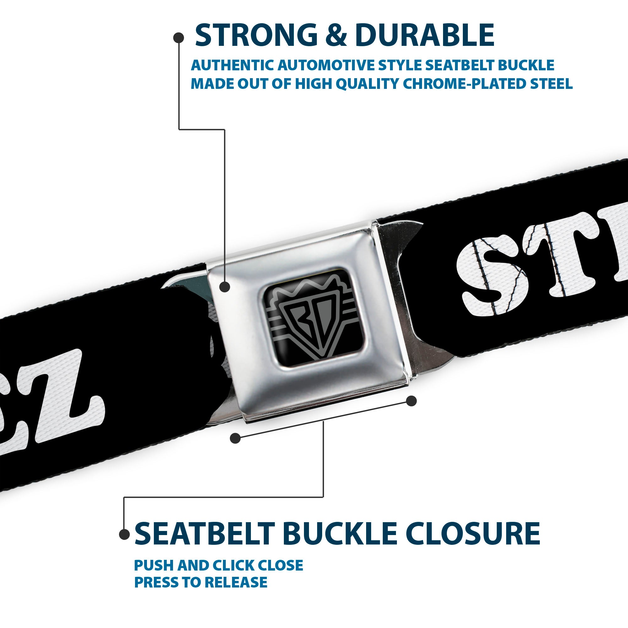 BD Wings Logo CLOSE-UP Full Color Black Silver Seatbelt Belt - STEEZ Black/White Webbing Seatbelt Belts Buckle-Down