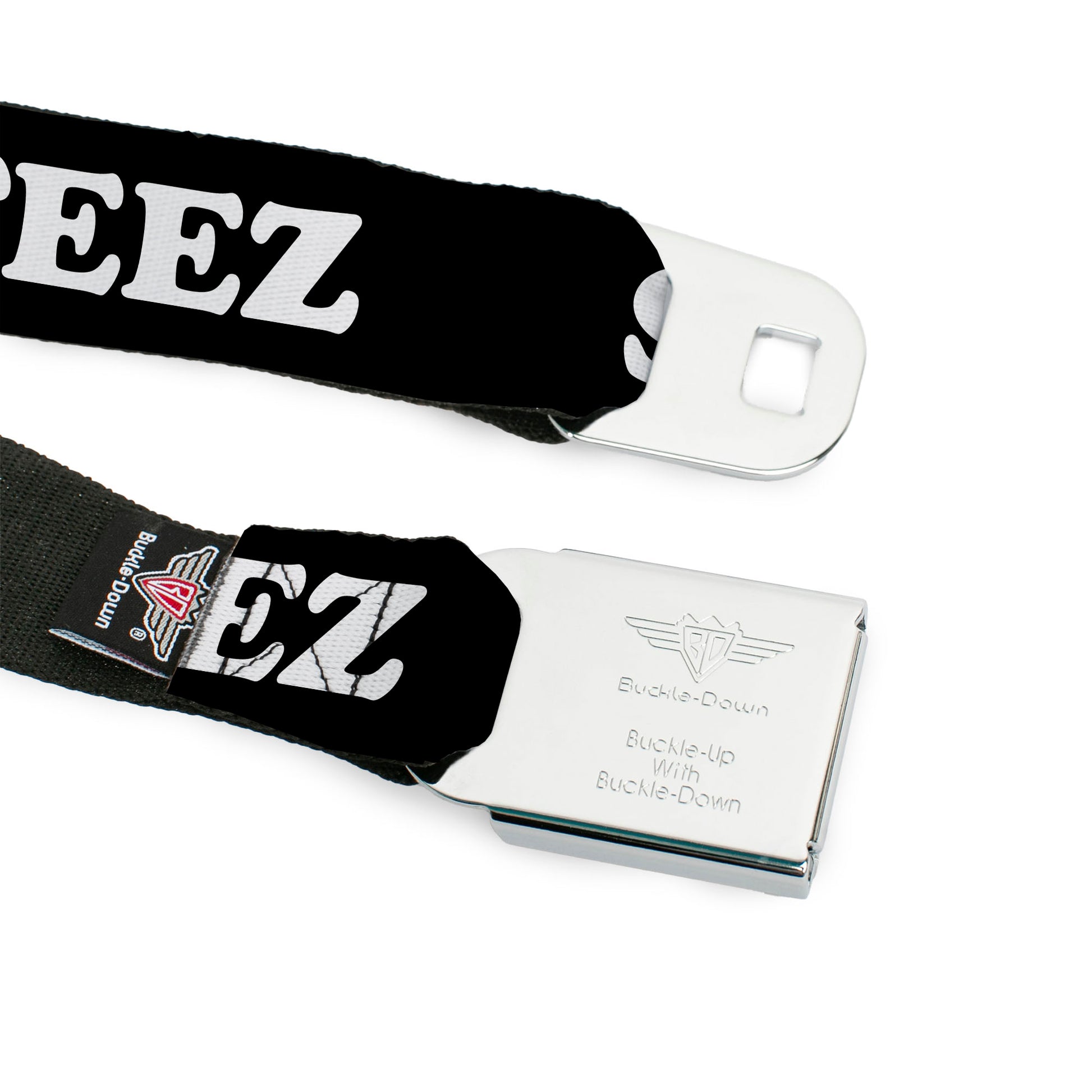 BD Wings Logo CLOSE-UP Full Color Black Silver Seatbelt Belt - STEEZ Black/White Webbing Seatbelt Belts Buckle-Down
