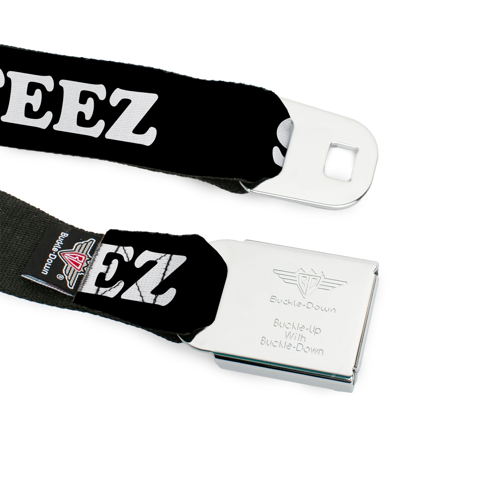 BD Wings Logo CLOSE-UP Full Color Black Silver Seatbelt Belt - STEEZ Black/White Webbing Seatbelt Belts Buckle-Down
