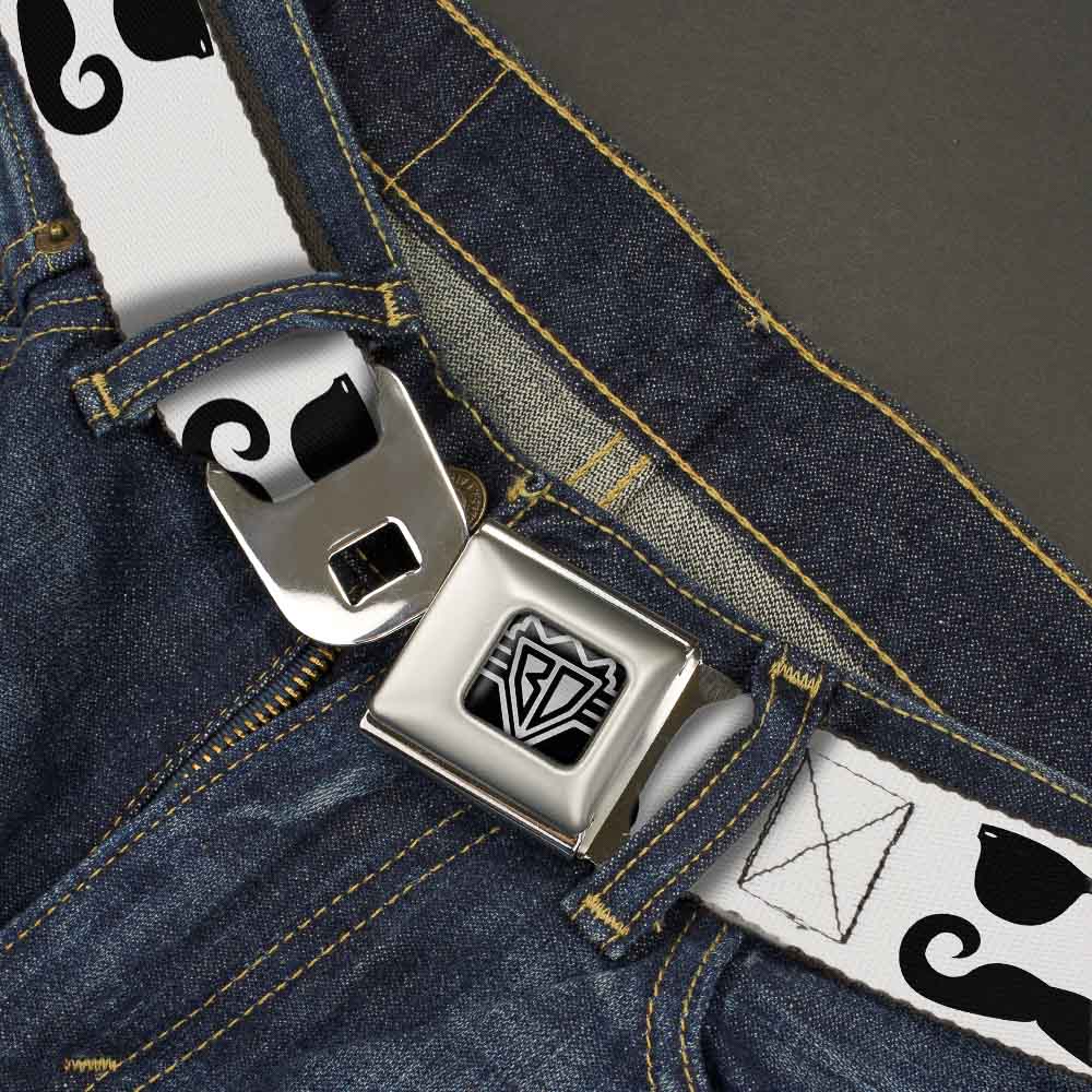 BD Wings Logo CLOSE-UP Full Color Black Silver Seatbelt Belt - Sunglasses & Mustache White/Black Webbing Seatbelt Belts Buckle-Down