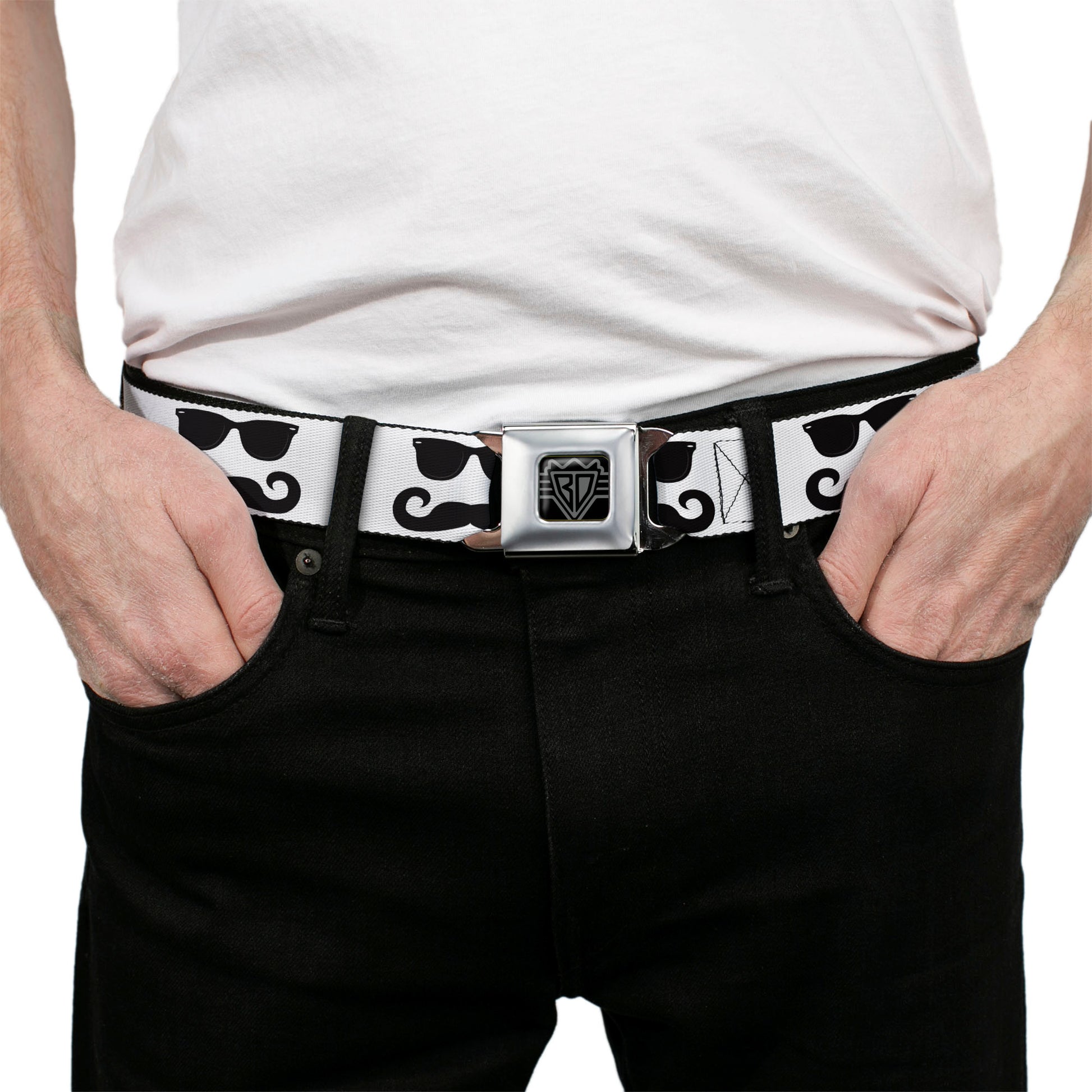 BD Wings Logo CLOSE-UP Full Color Black Silver Seatbelt Belt - Sunglasses & Mustache White/Black Webbing Seatbelt Belts Buckle-Down