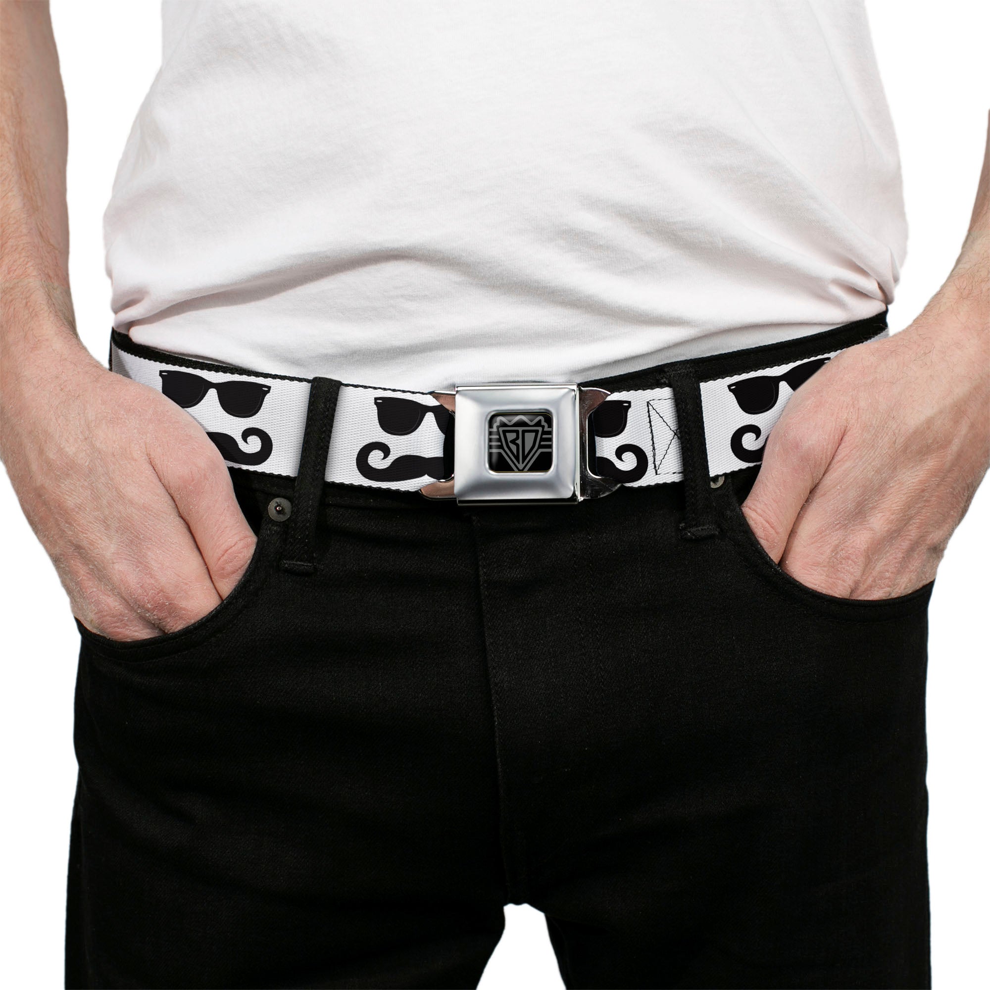 BD Wings Logo CLOSE-UP Full Color Black Silver Seatbelt Belt - Sunglasses & Mustache White/Black Webbing Seatbelt Belts Buckle-Down