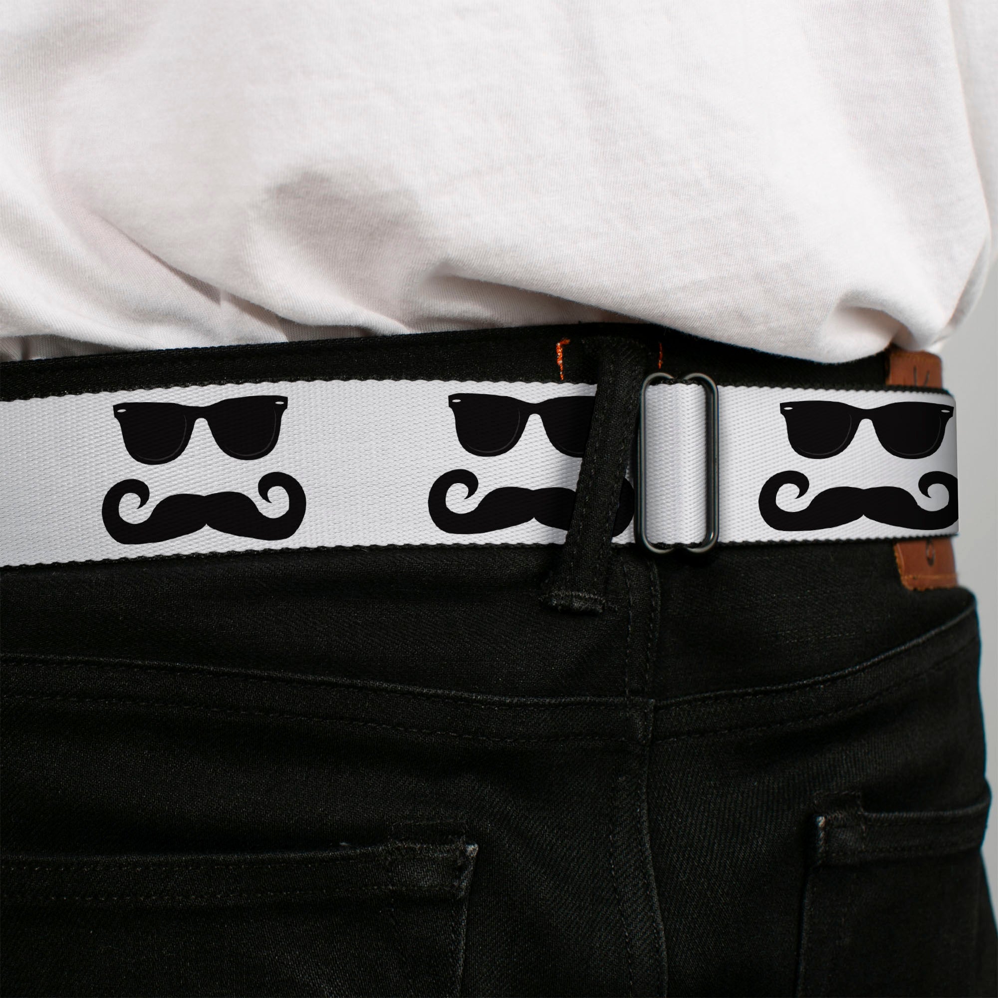 BD Wings Logo CLOSE-UP Full Color Black Silver Seatbelt Belt - Sunglasses & Mustache White/Black Webbing Seatbelt Belts Buckle-Down
