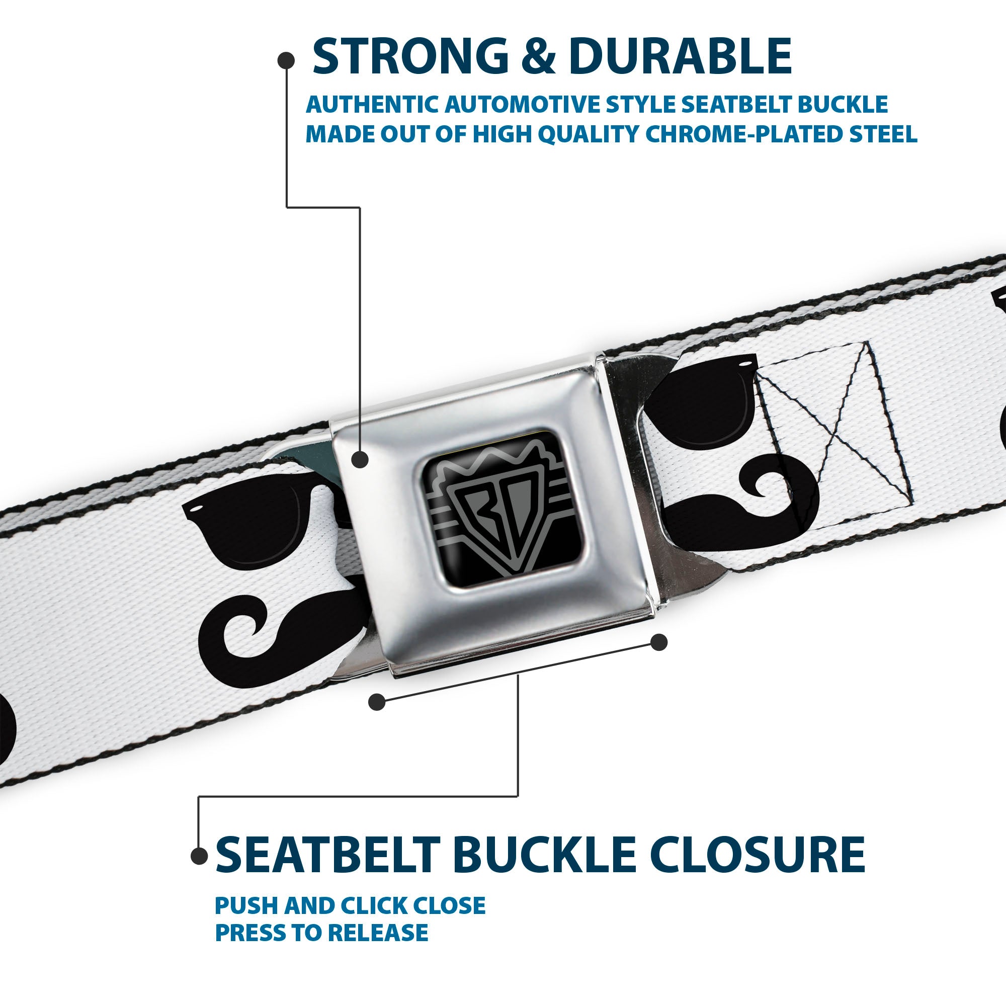 BD Wings Logo CLOSE-UP Full Color Black Silver Seatbelt Belt - Sunglasses & Mustache White/Black Webbing Seatbelt Belts Buckle-Down