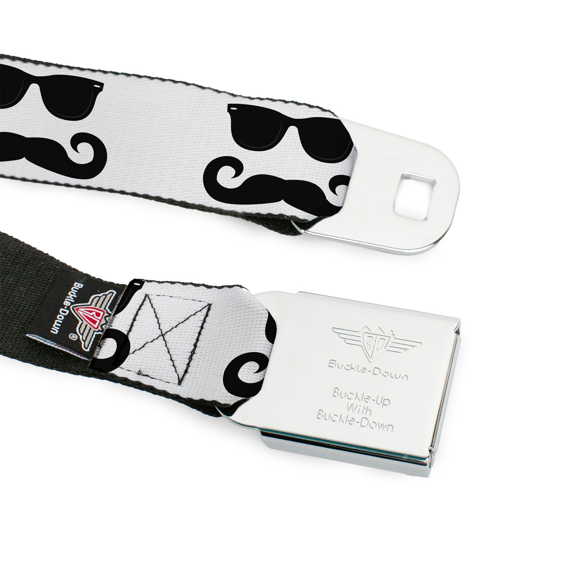 BD Wings Logo CLOSE-UP Full Color Black Silver Seatbelt Belt - Sunglasses & Mustache White/Black Webbing Seatbelt Belts Buckle-Down
