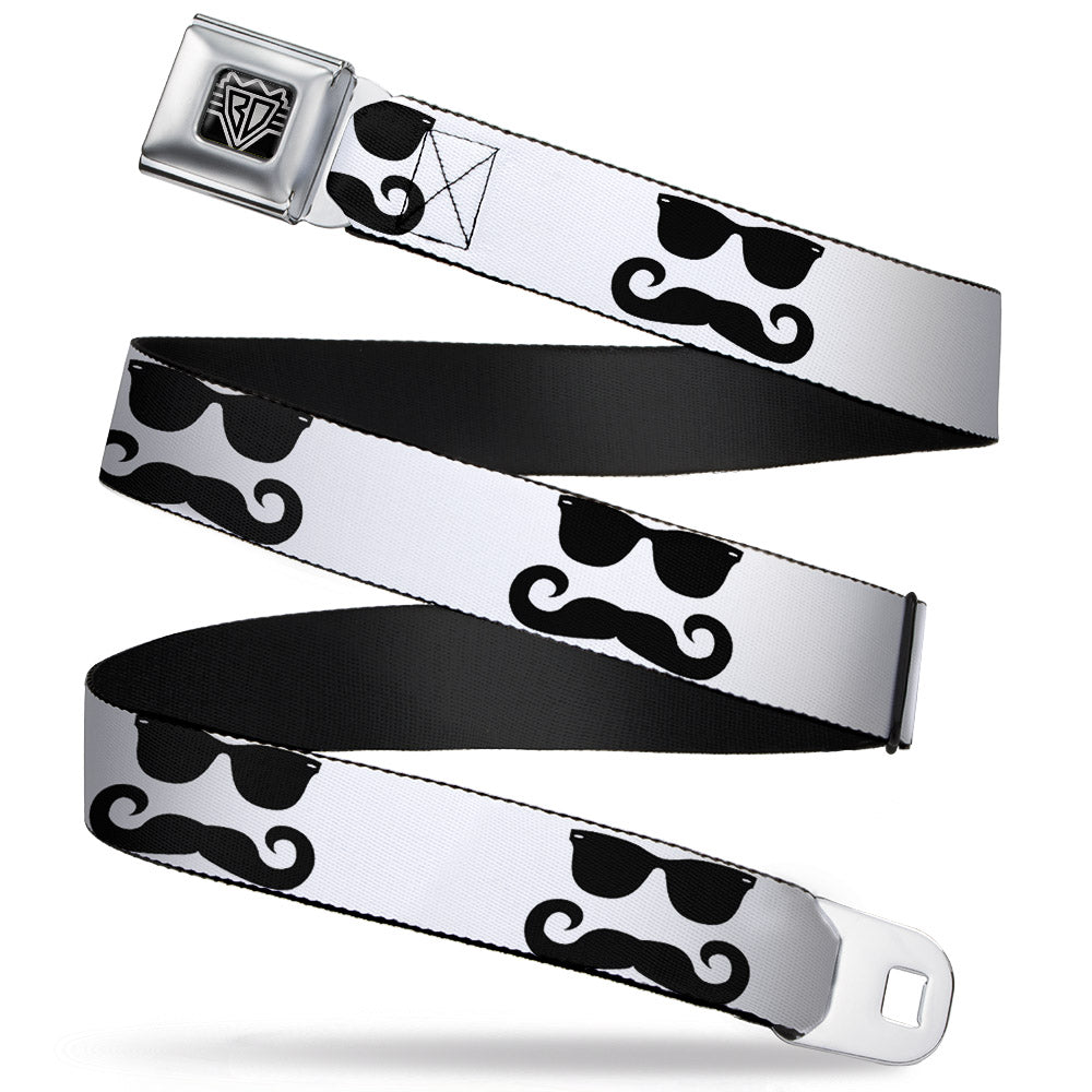 BD Wings Logo CLOSE-UP Full Color Black Silver Seatbelt Belt - Sunglasses & Mustache White/Black Webbing Seatbelt Belts Buckle-Down