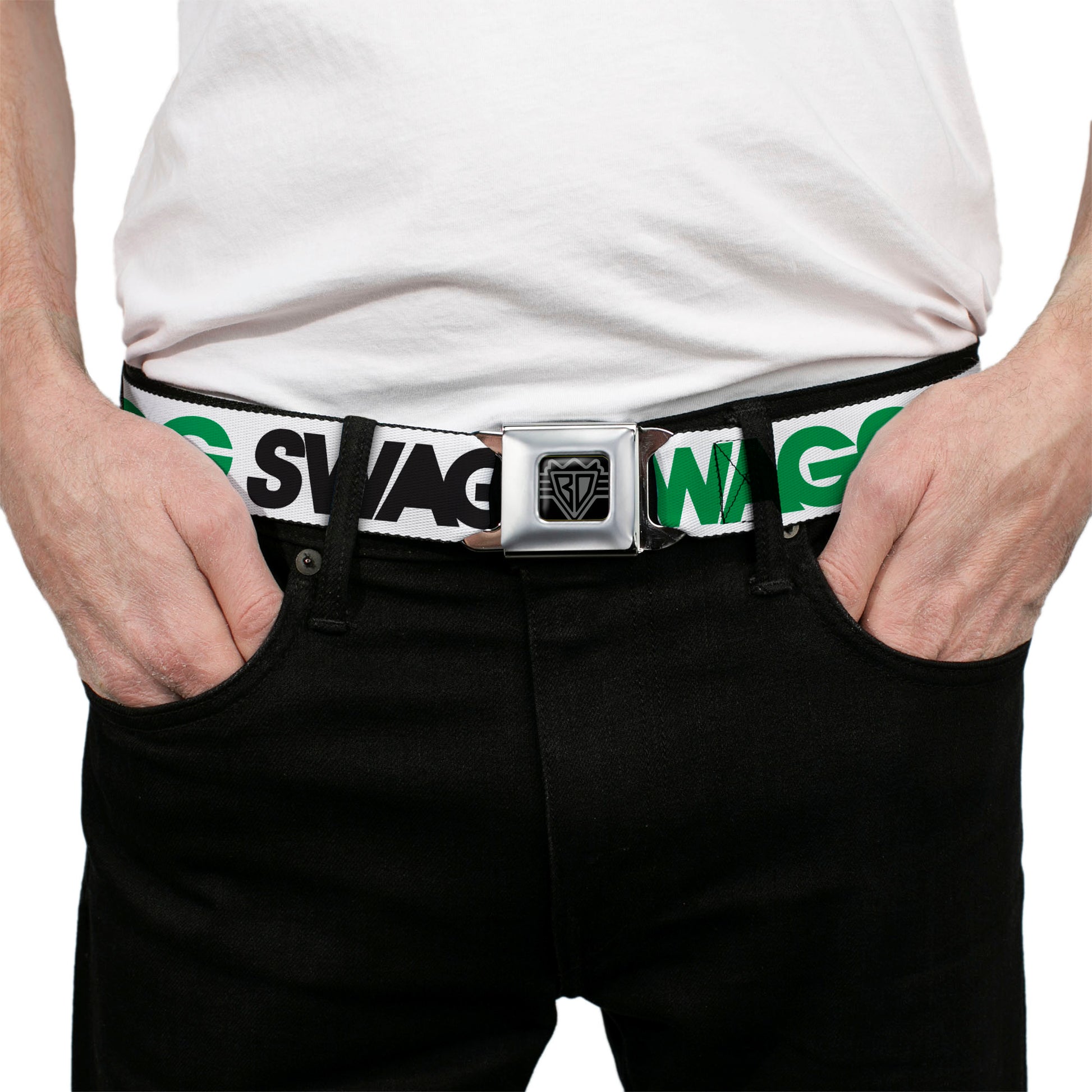BD Wings Logo CLOSE-UP Full Color Black Silver Seatbelt Belt - SWAGG White/Black/Green Webbing Seatbelt Belts Buckle-Down