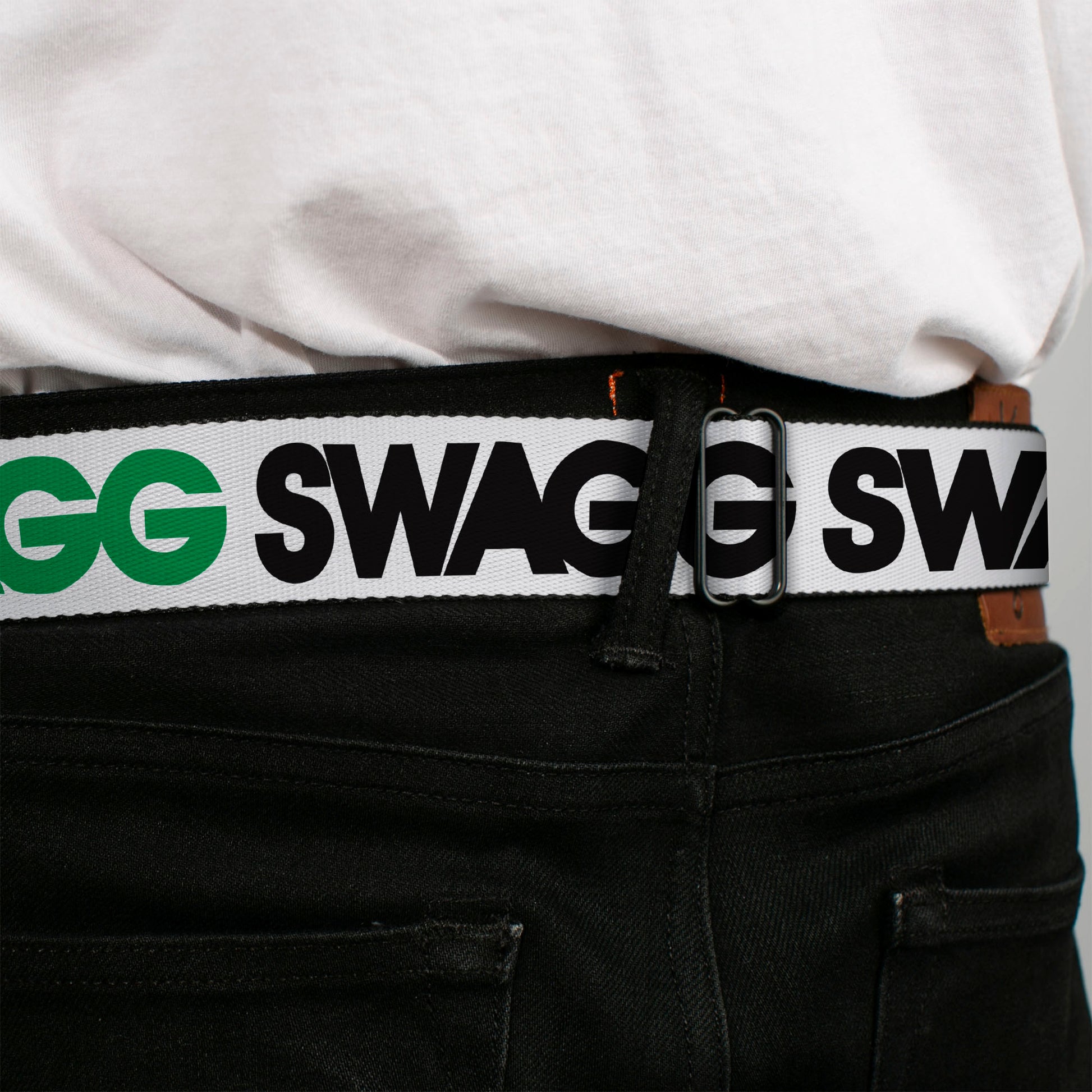 BD Wings Logo CLOSE-UP Full Color Black Silver Seatbelt Belt - SWAGG White/Black/Green Webbing Seatbelt Belts Buckle-Down
