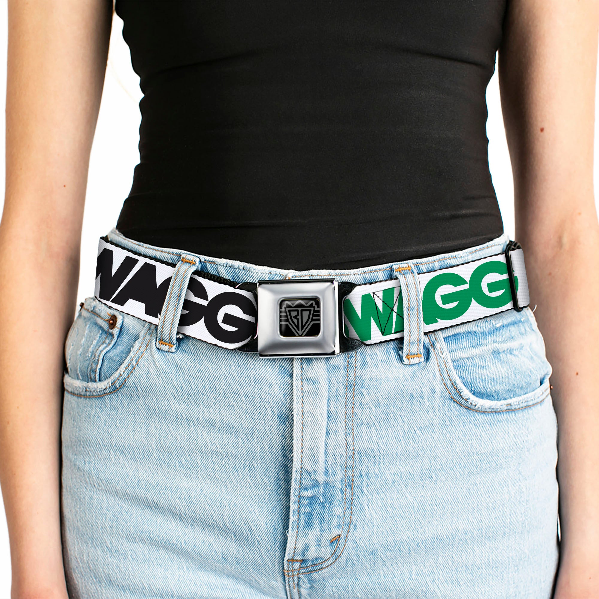 BD Wings Logo CLOSE-UP Full Color Black Silver Seatbelt Belt - SWAGG White/Black/Green Webbing Seatbelt Belts Buckle-Down