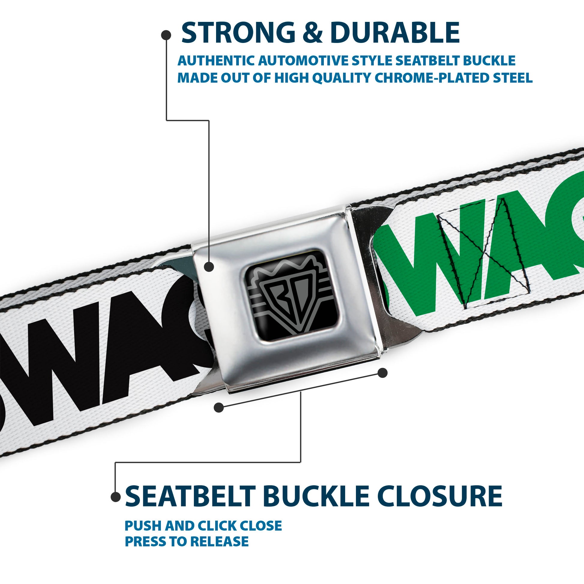 BD Wings Logo CLOSE-UP Full Color Black Silver Seatbelt Belt - SWAGG White/Black/Green Webbing Seatbelt Belts Buckle-Down