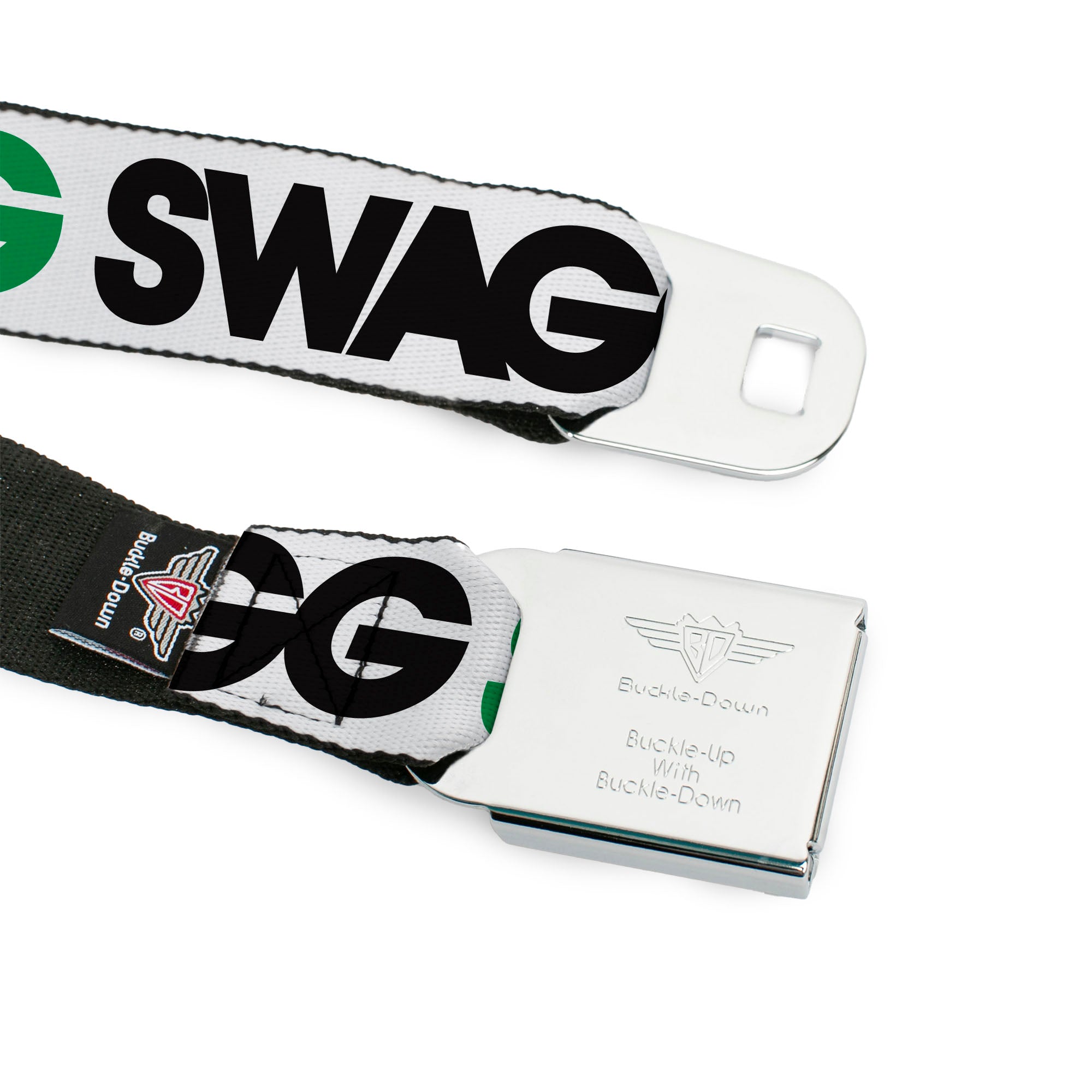 BD Wings Logo CLOSE-UP Full Color Black Silver Seatbelt Belt - SWAGG White/Black/Green Webbing Seatbelt Belts Buckle-Down