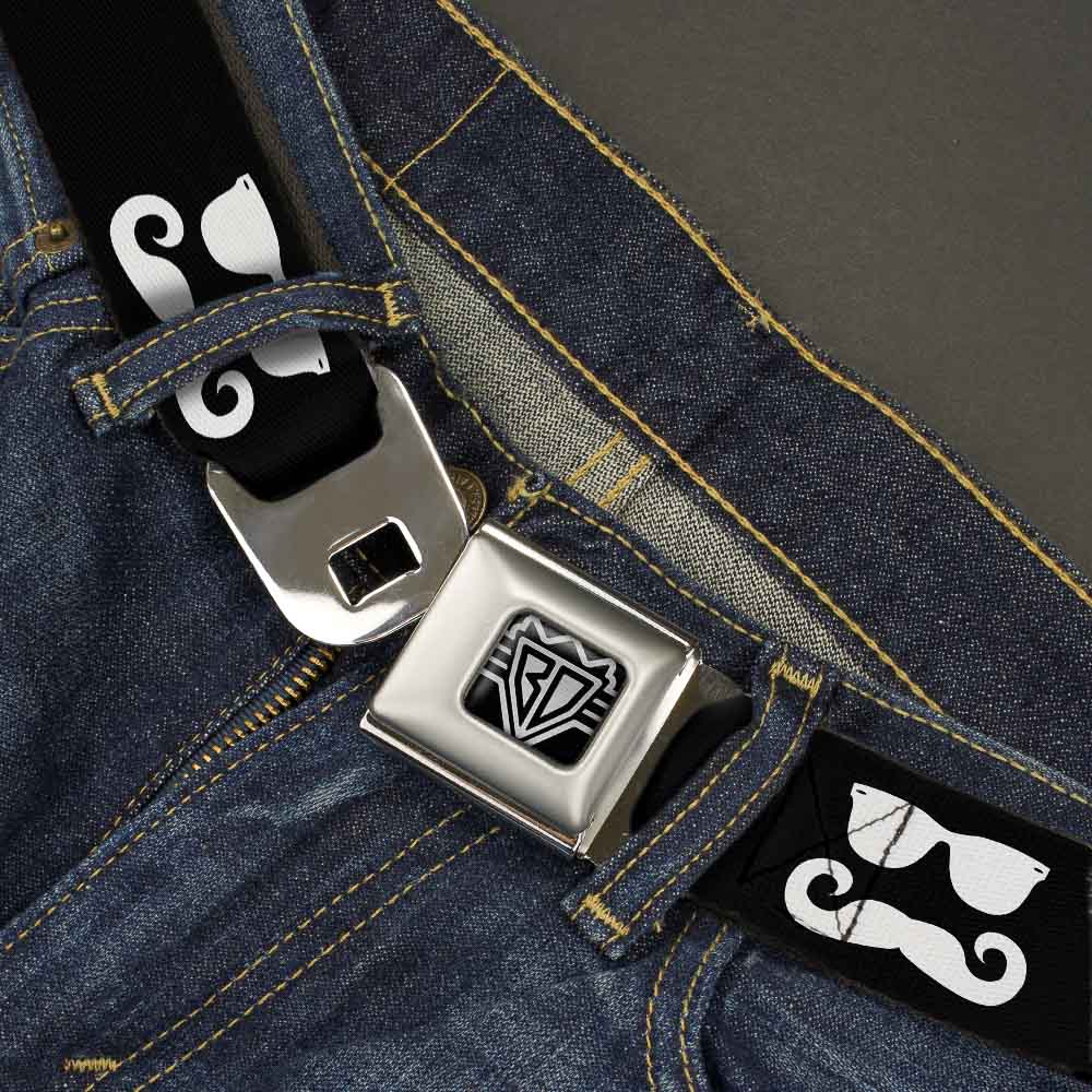 BD Wings Logo CLOSE-UP Full Color Black Silver Seatbelt Belt - Sunglasses & Mustache Black/White Webbing Seatbelt Belts Buckle-Down