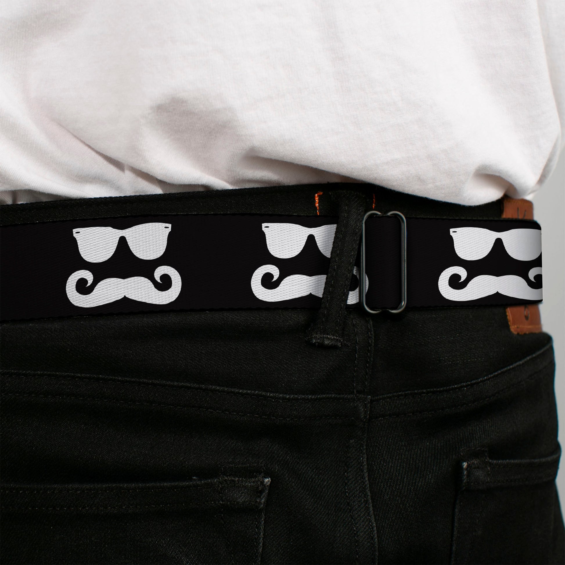 BD Wings Logo CLOSE-UP Full Color Black Silver Seatbelt Belt - Sunglasses & Mustache Black/White Webbing Seatbelt Belts Buckle-Down