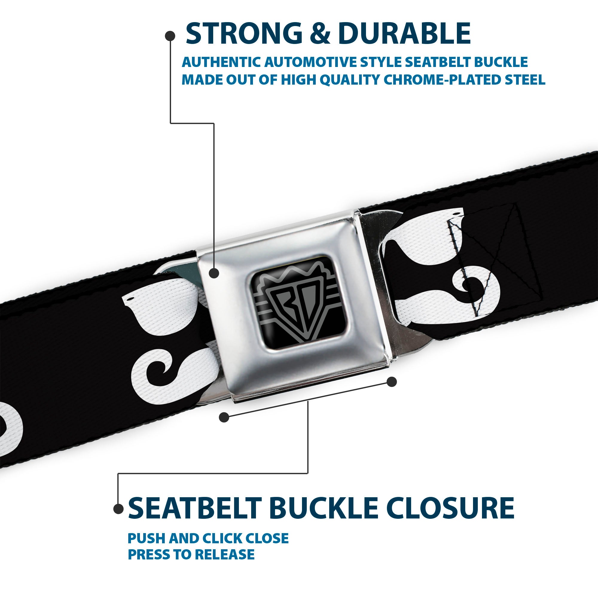 BD Wings Logo CLOSE-UP Full Color Black Silver Seatbelt Belt - Sunglasses & Mustache Black/White Webbing Seatbelt Belts Buckle-Down