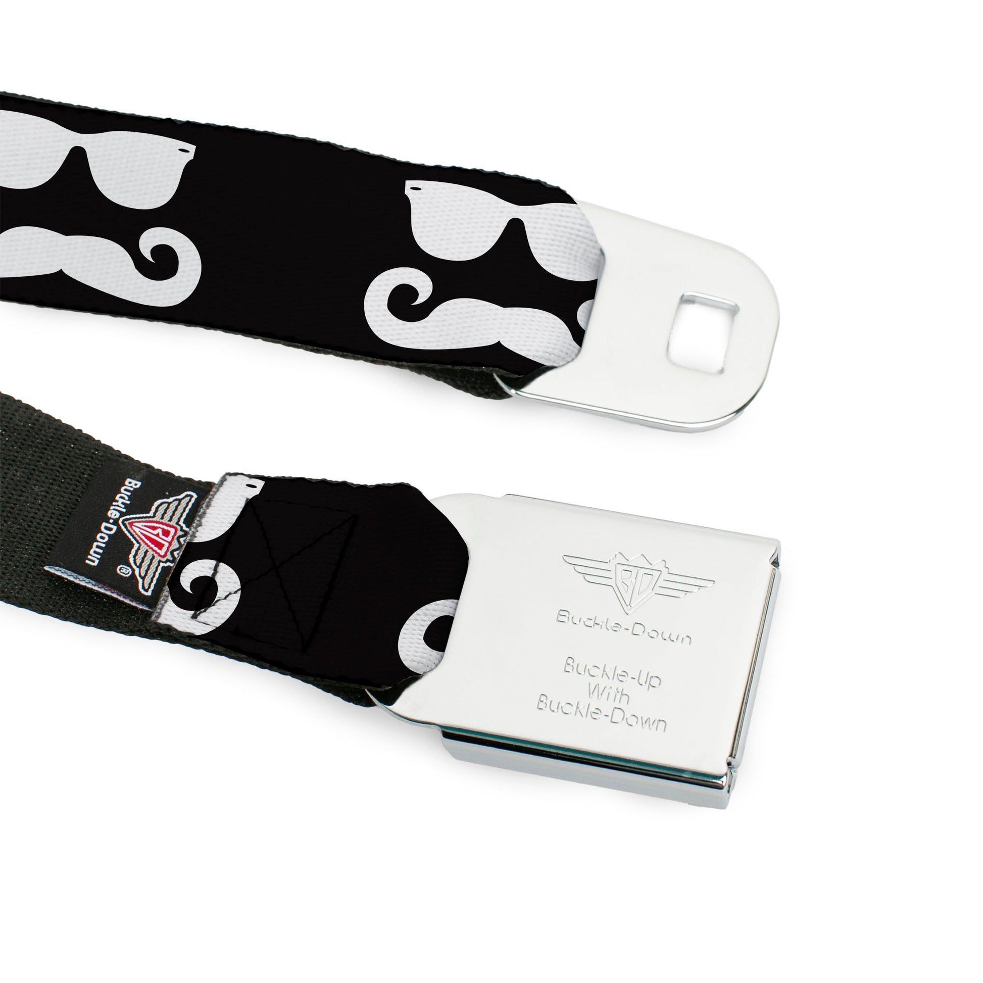 BD Wings Logo CLOSE-UP Full Color Black Silver Seatbelt Belt - Sunglasses & Mustache Black/White Webbing Seatbelt Belts Buckle-Down