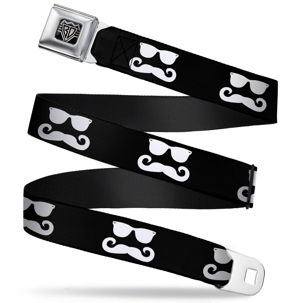 BD Wings Logo CLOSE-UP Full Color Black Silver Seatbelt Belt - Sunglasses & Mustache Black/White Webbing Seatbelt Belts Buckle-Down