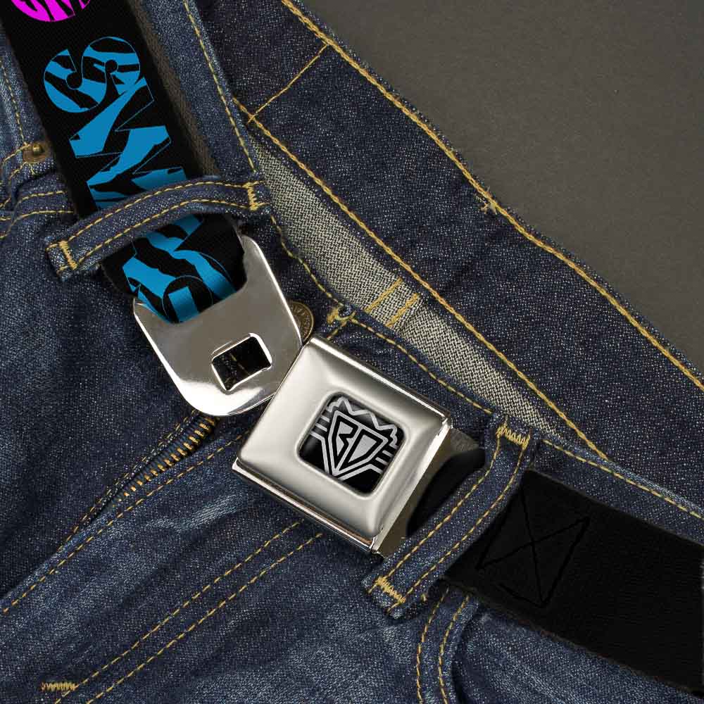 BD Wings Logo CLOSE-UP Full Color Black Silver Seatbelt Belt - SWAGG Black/Zebra Multi Neon Webbing Seatbelt Belts Buckle-Down