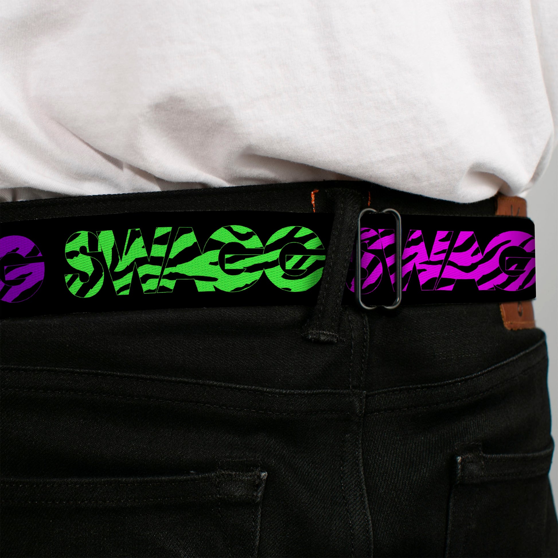 BD Wings Logo CLOSE-UP Full Color Black Silver Seatbelt Belt - SWAGG Black/Zebra Multi Neon Webbing Seatbelt Belts Buckle-Down