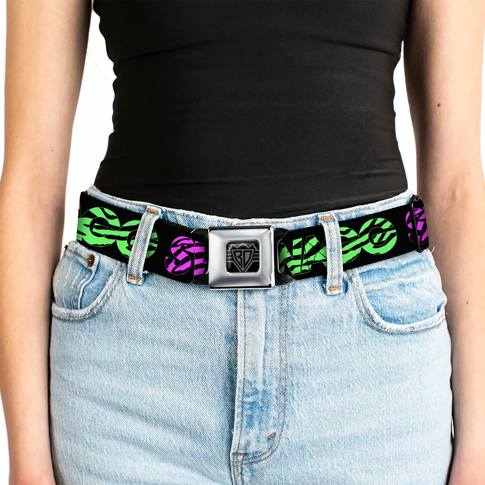 BD Wings Logo CLOSE-UP Full Color Black Silver Seatbelt Belt - SWAGG Black/Zebra Multi Neon Webbing Seatbelt Belts Buckle-Down