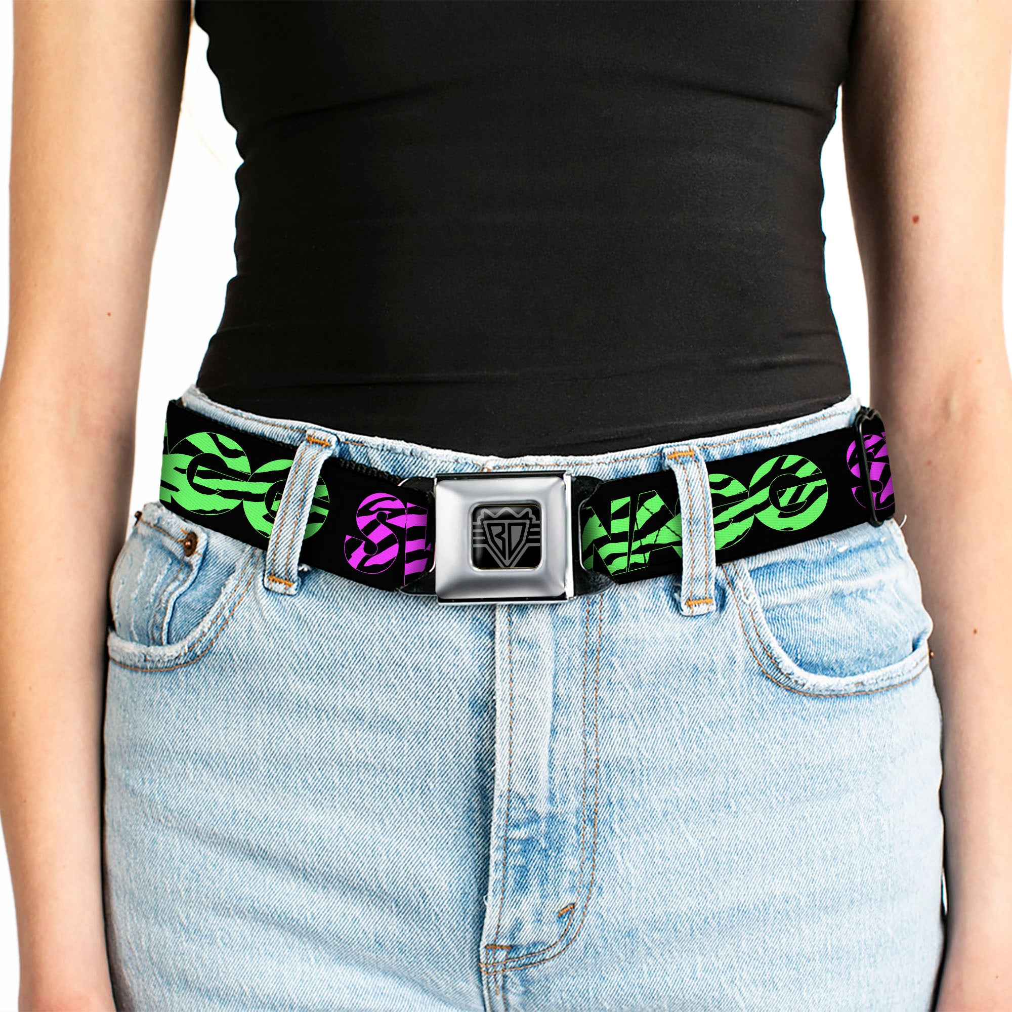 BD Wings Logo CLOSE-UP Full Color Black Silver Seatbelt Belt - SWAGG Black/Zebra Multi Neon Webbing Seatbelt Belts Buckle-Down