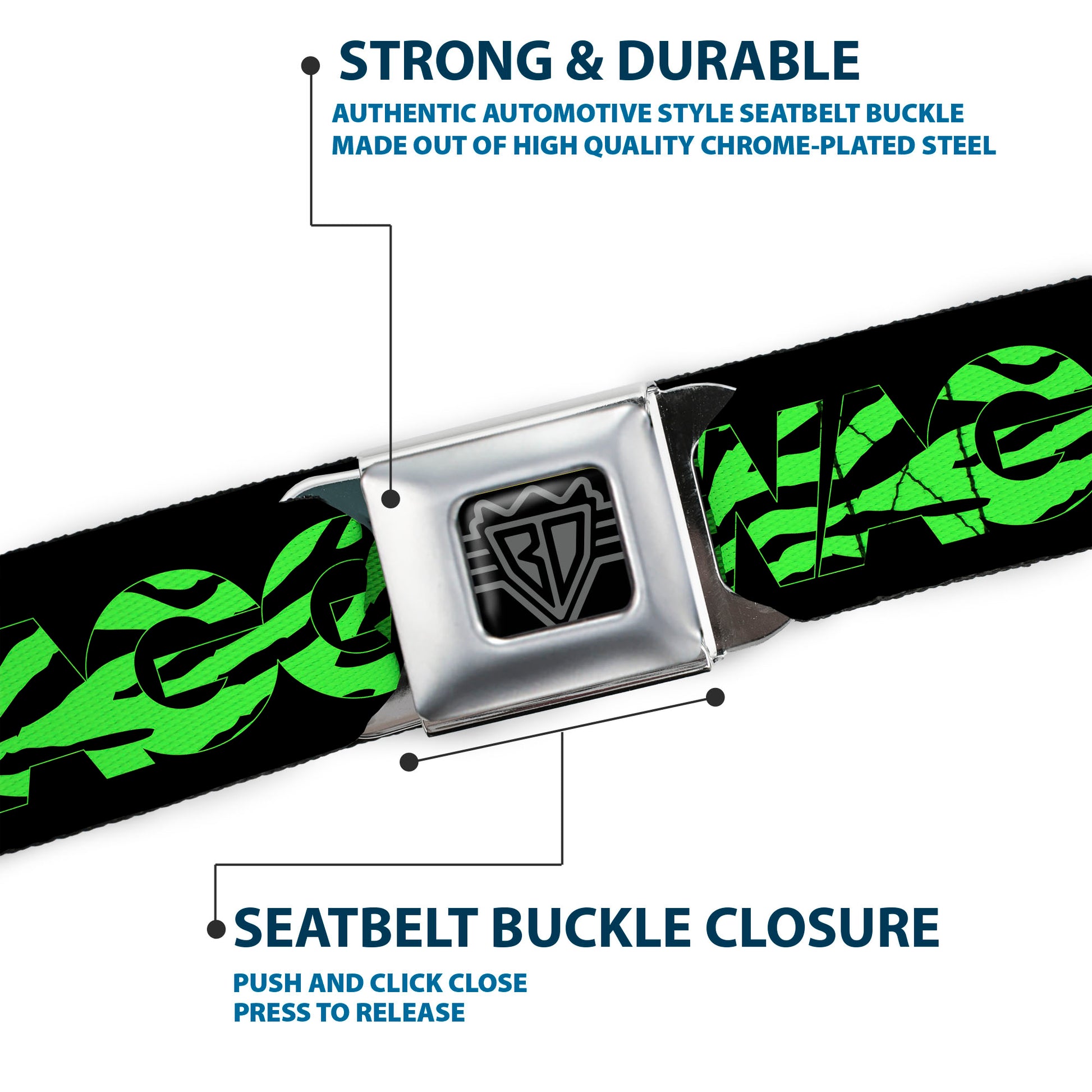 BD Wings Logo CLOSE-UP Full Color Black Silver Seatbelt Belt - SWAGG Black/Zebra Multi Neon Webbing Seatbelt Belts Buckle-Down