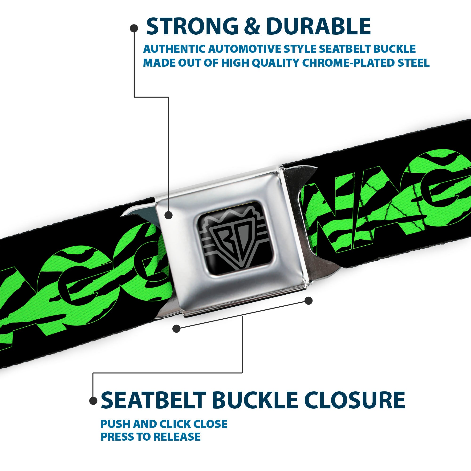 BD Wings Logo CLOSE-UP Full Color Black Silver Seatbelt Belt - SWAGG Black/Zebra Multi Neon Webbing Seatbelt Belts Buckle-Down