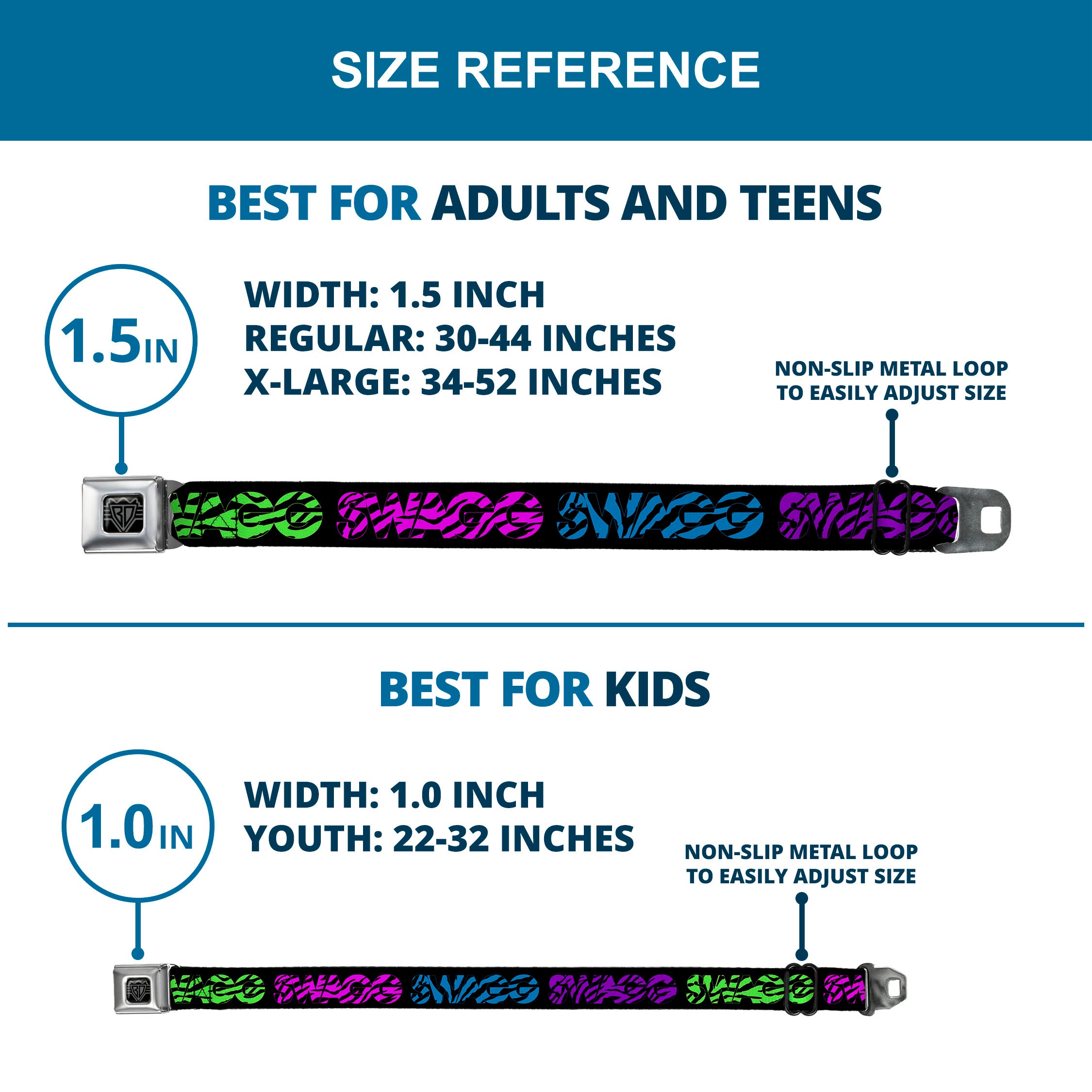 BD Wings Logo CLOSE-UP Full Color Black Silver Seatbelt Belt - SWAGG Black/Zebra Multi Neon Webbing Seatbelt Belts Buckle-Down