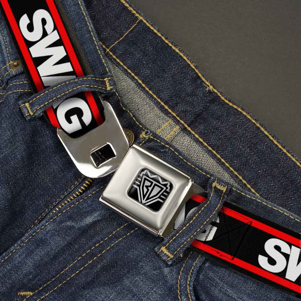 BD Wings Logo CLOSE-UP Full Color Black Silver Seatbelt Belt - SWAGG Black/White/Red Stripe Webbing Seatbelt Belts Buckle-Down