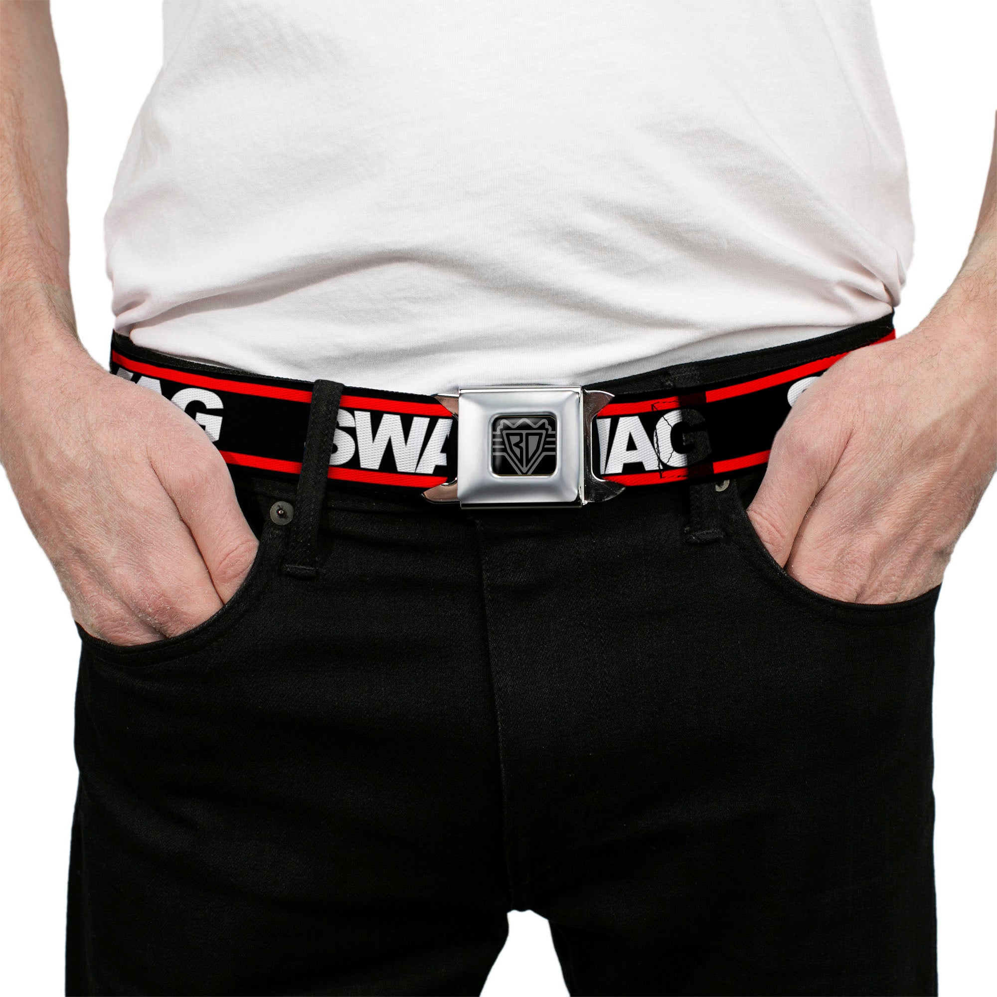 BD Wings Logo CLOSE-UP Full Color Black Silver Seatbelt Belt - SWAGG Black/White/Red Stripe Webbing Seatbelt Belts Buckle-Down