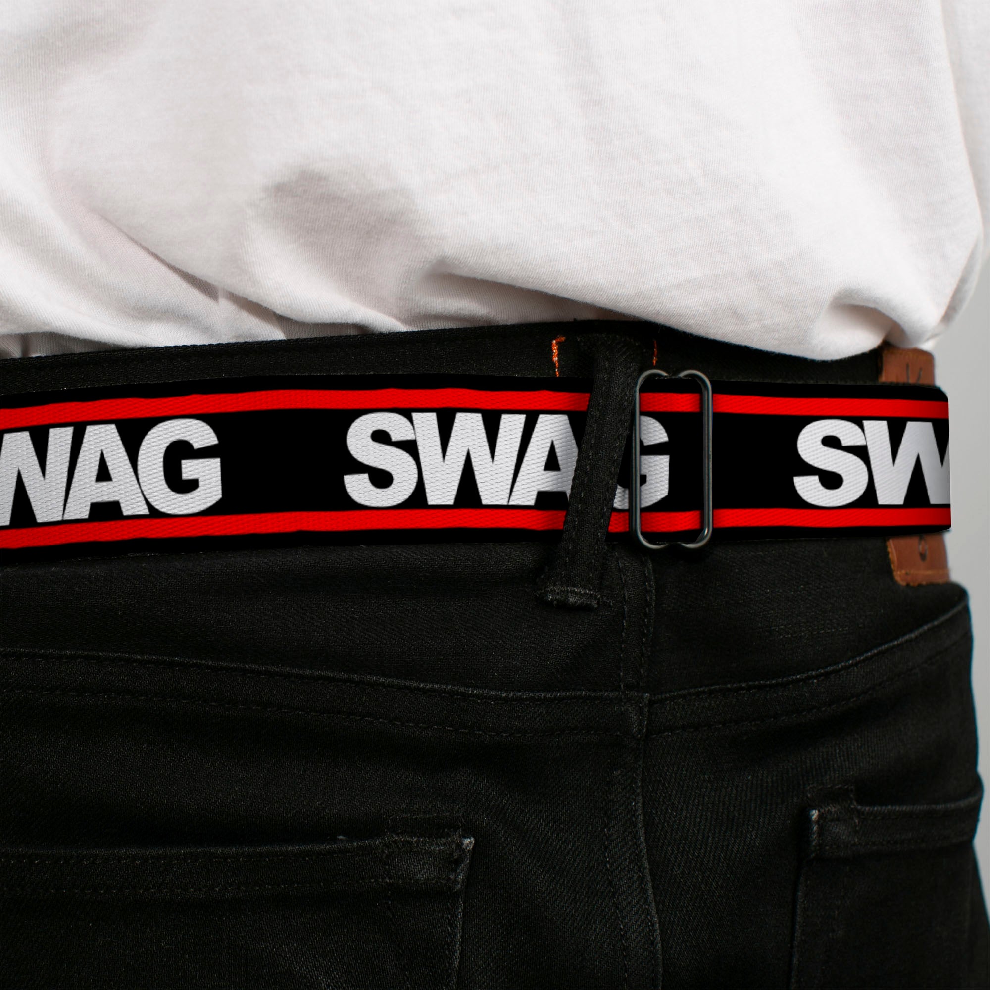 BD Wings Logo CLOSE-UP Full Color Black Silver Seatbelt Belt - SWAGG Black/White/Red Stripe Webbing Seatbelt Belts Buckle-Down