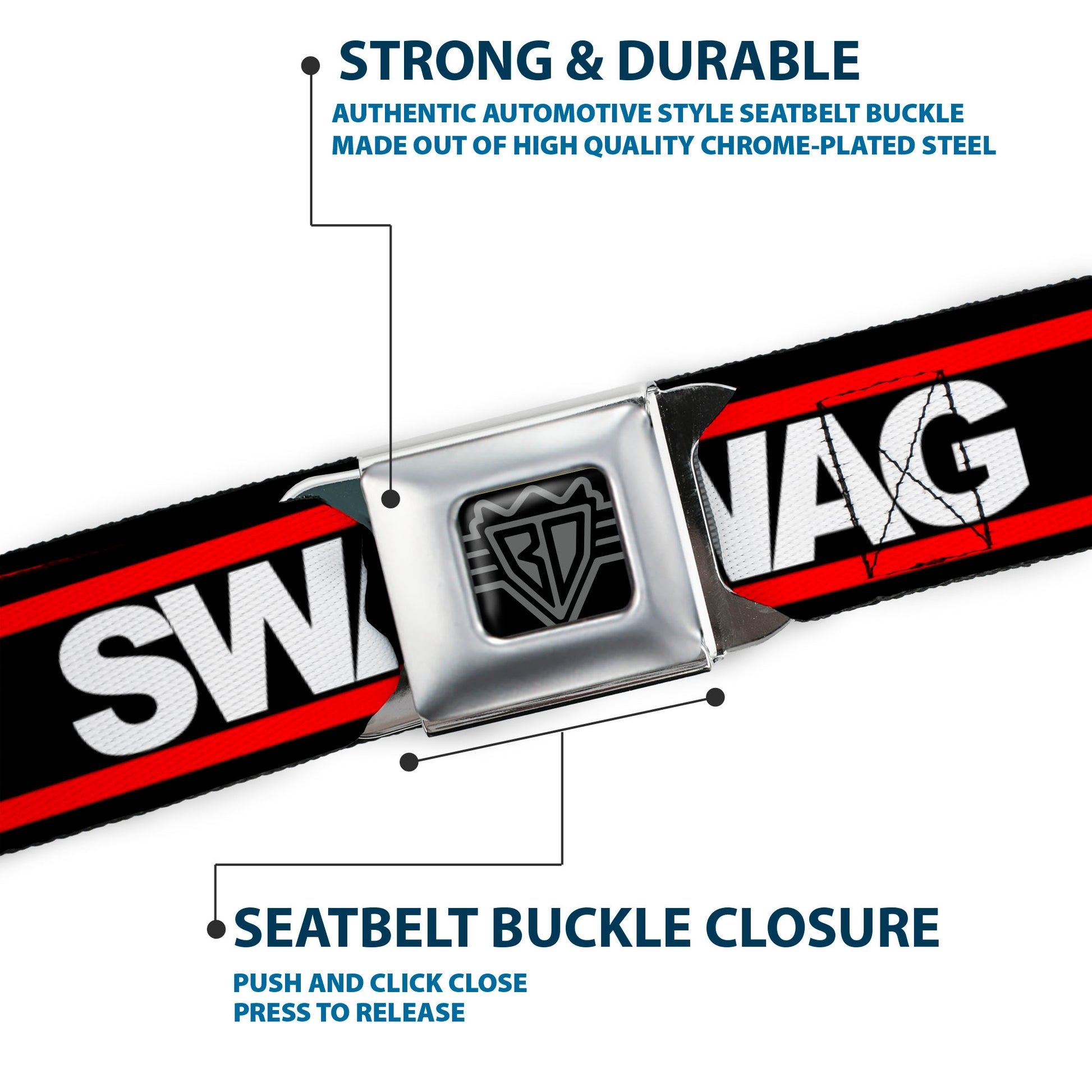 BD Wings Logo CLOSE-UP Full Color Black Silver Seatbelt Belt - SWAGG Black/White/Red Stripe Webbing Seatbelt Belts Buckle-Down
