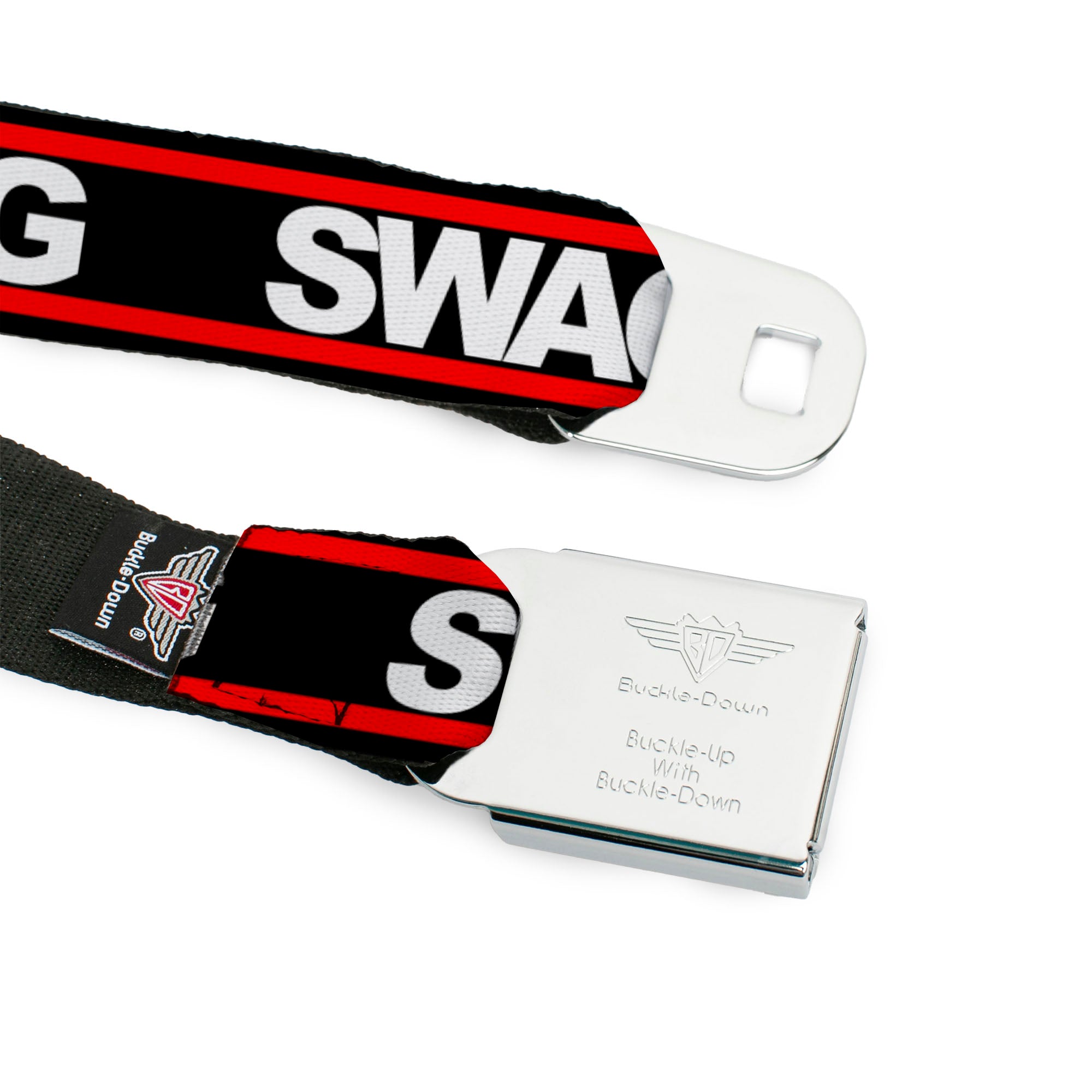 BD Wings Logo CLOSE-UP Full Color Black Silver Seatbelt Belt - SWAGG Black/White/Red Stripe Webbing Seatbelt Belts Buckle-Down