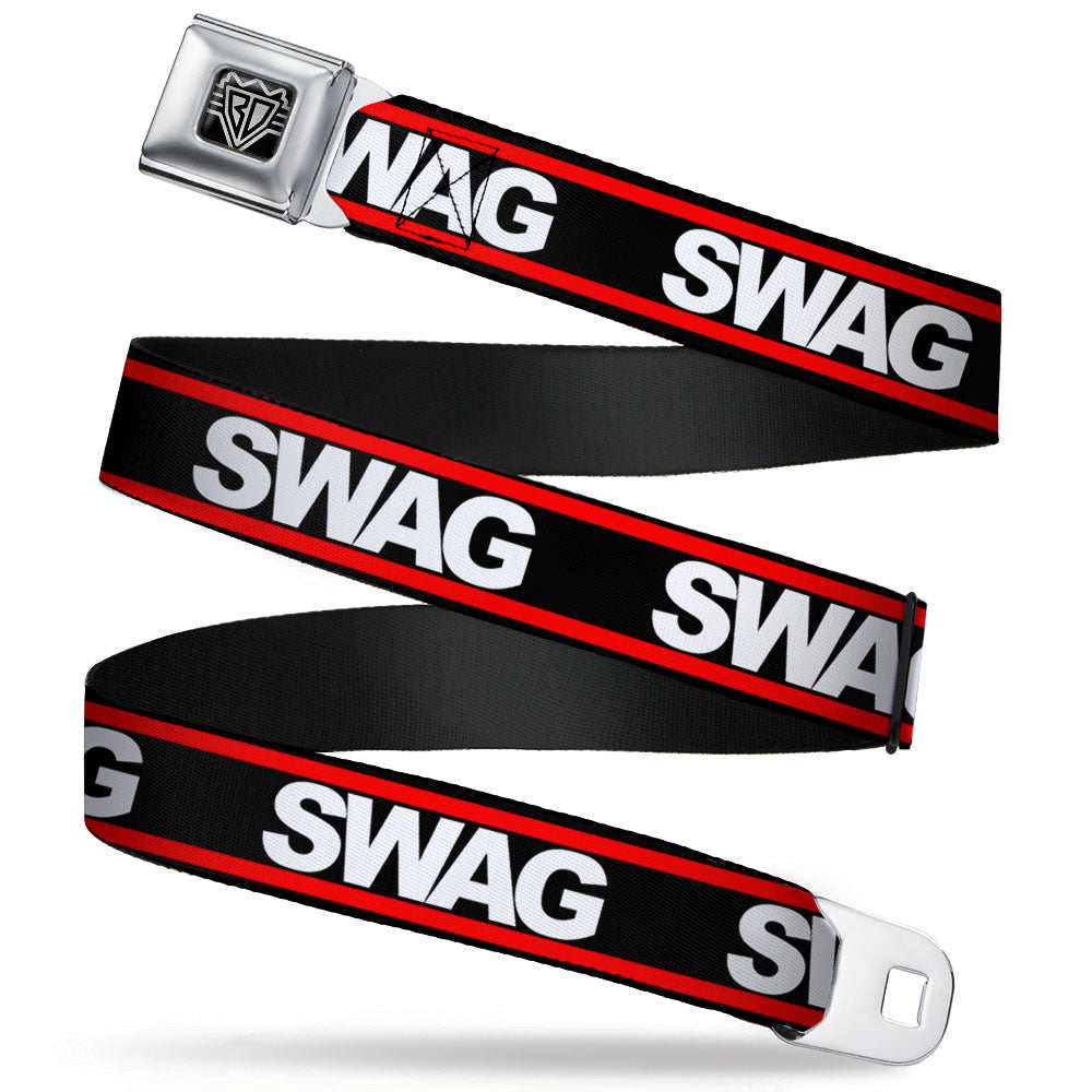 BD Wings Logo CLOSE-UP Full Color Black Silver Seatbelt Belt - SWAGG Black/White/Red Stripe Webbing Seatbelt Belts Buckle-Down