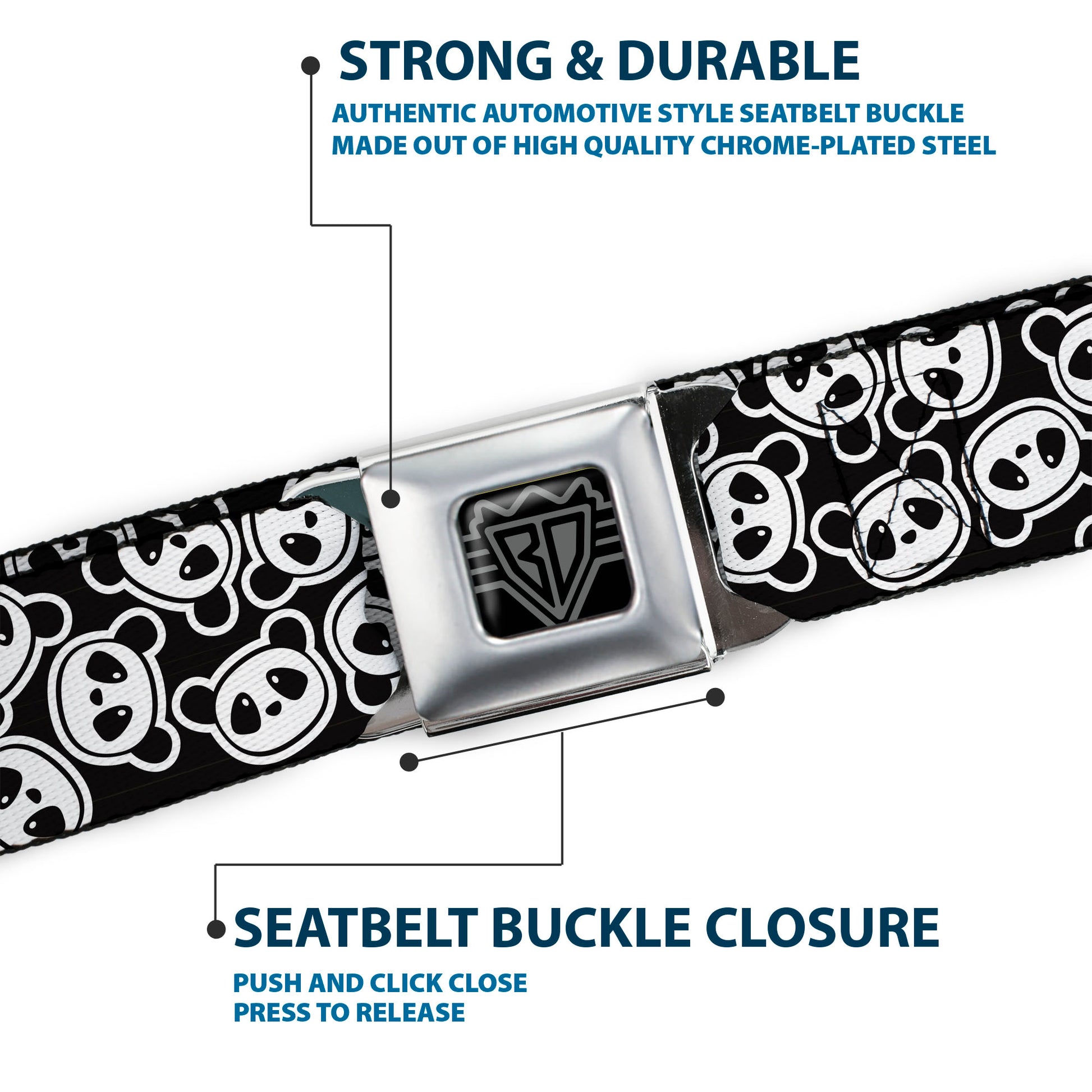 BD Wings Logo CLOSE-UP Full Color Black Silver Seatbelt Belt - Scattered Panda Bear Cartoon2 Black/White Webbing Seatbelt Belts Buckle-Down