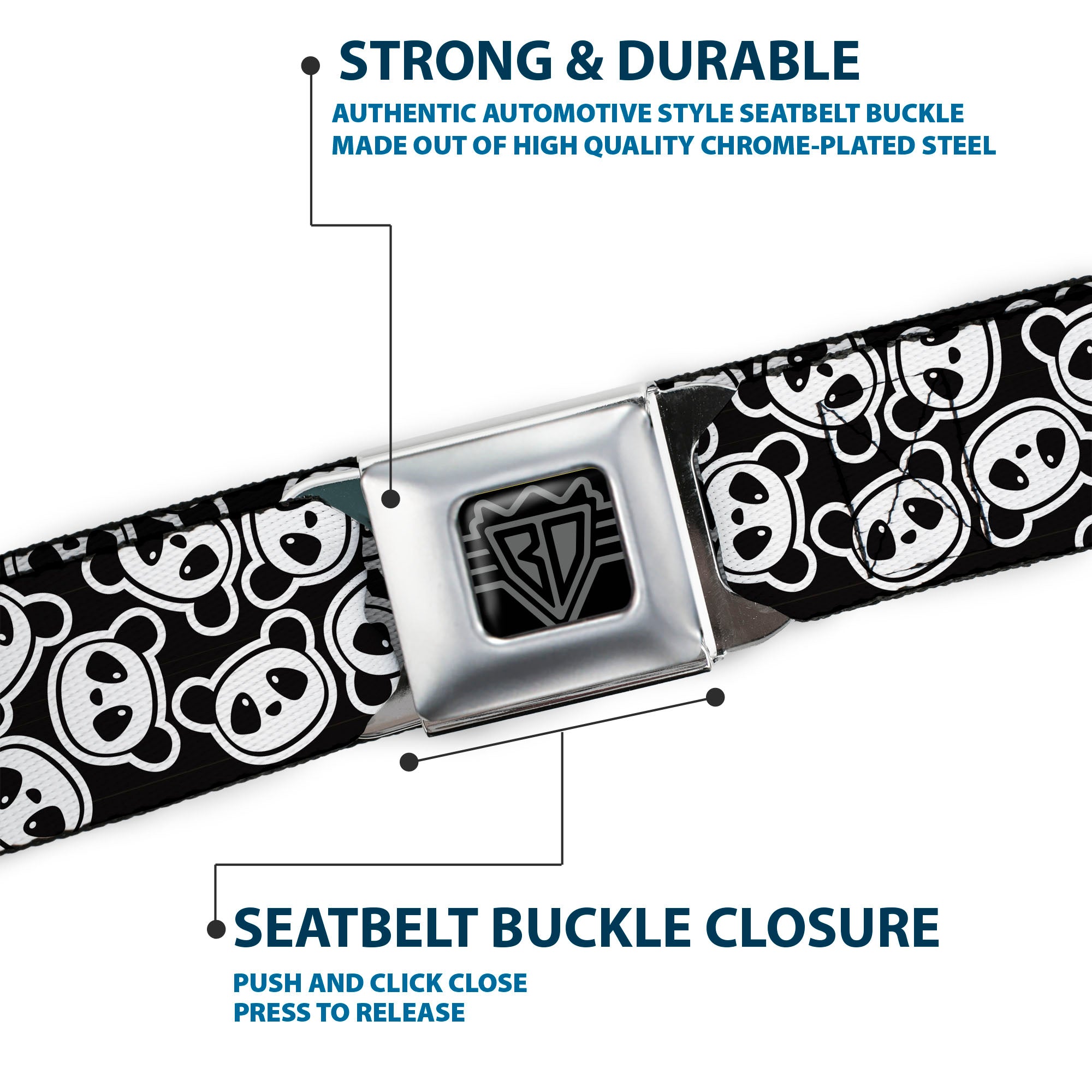 BD Wings Logo CLOSE-UP Full Color Black Silver Seatbelt Belt - Scattered Panda Bear Cartoon2 Black/White Webbing Seatbelt Belts Buckle-Down