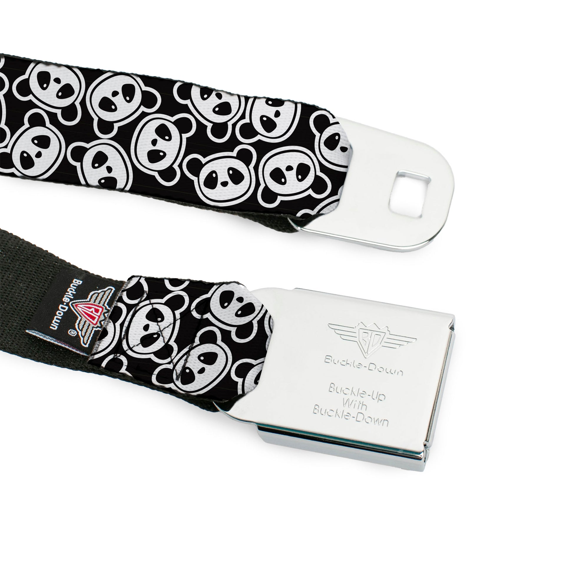 BD Wings Logo CLOSE-UP Full Color Black Silver Seatbelt Belt - Scattered Panda Bear Cartoon2 Black/White Webbing Seatbelt Belts Buckle-Down