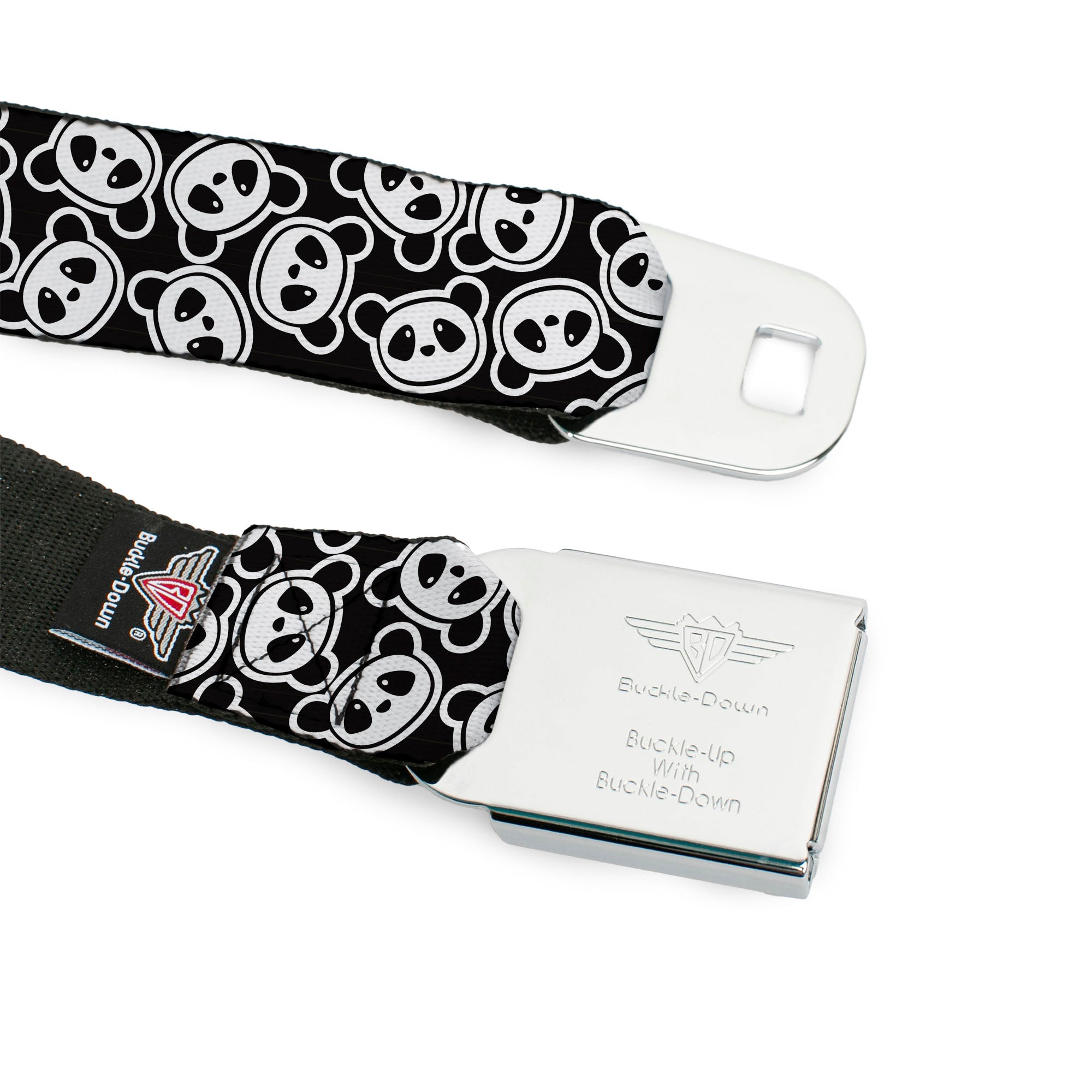 BD Wings Logo CLOSE-UP Full Color Black Silver Seatbelt Belt - Scattered Panda Bear Cartoon2 Black/White Webbing Seatbelt Belts Buckle-Down