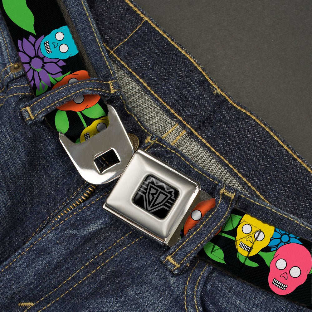 BD Wings Logo CLOSE-UP Black/Silver Seatbelt Belt - Skulls & Flowers Black/Multi Color Webbing Seatbelt Belts Buckle-Down