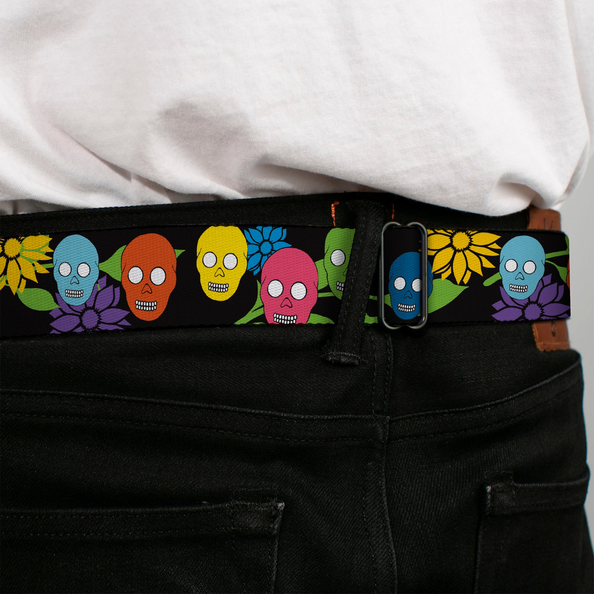 BD Wings Logo CLOSE-UP Black/Silver Seatbelt Belt - Skulls & Flowers Black/Multi Color Webbing Seatbelt Belts Buckle-Down