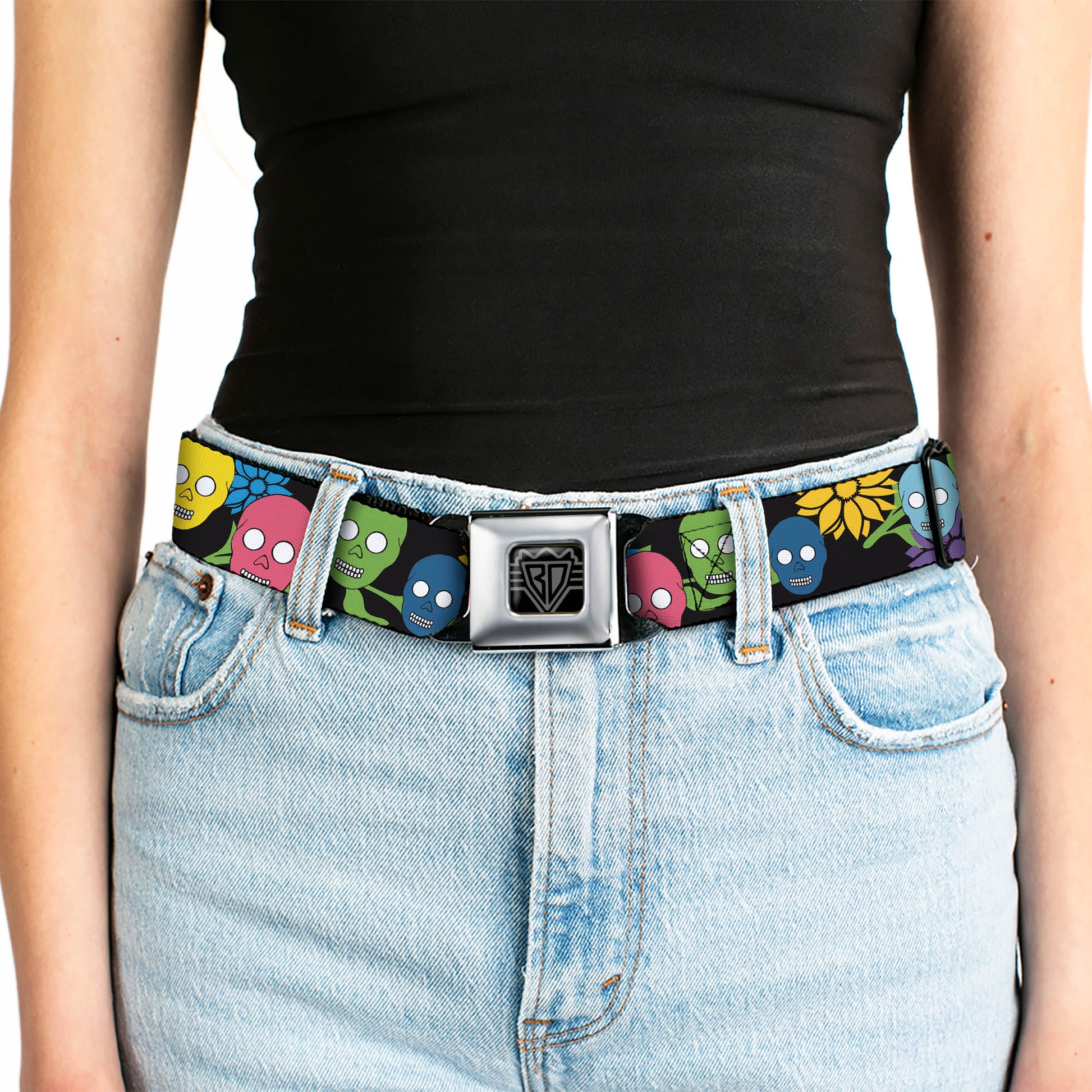 BD Wings Logo CLOSE-UP Black/Silver Seatbelt Belt - Skulls & Flowers Black/Multi Color Webbing Seatbelt Belts Buckle-Down