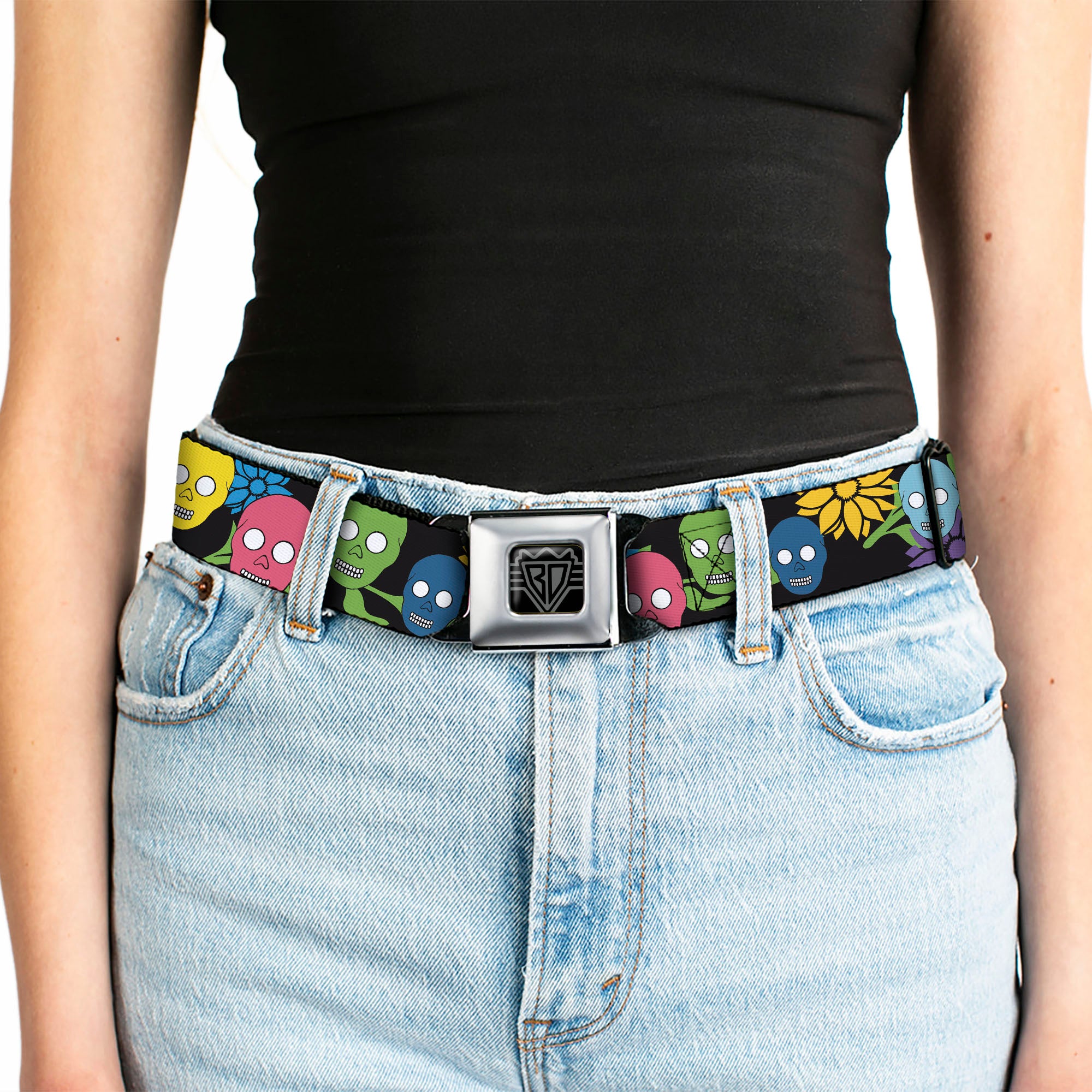 BD Wings Logo CLOSE-UP Black/Silver Seatbelt Belt - Skulls & Flowers Black/Multi Color Webbing Seatbelt Belts Buckle-Down