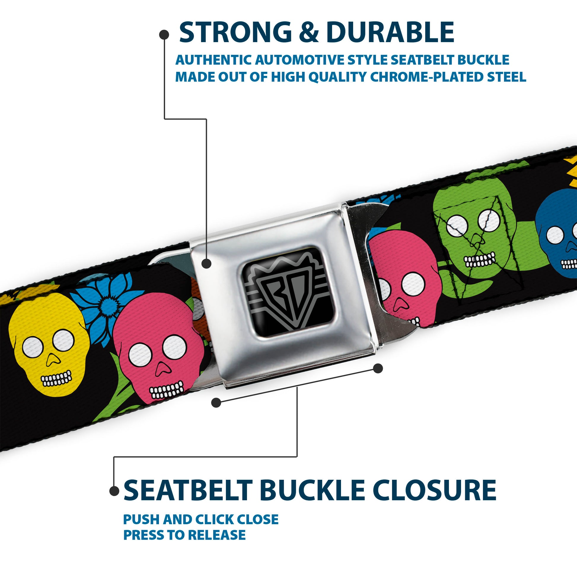 BD Wings Logo CLOSE-UP Black/Silver Seatbelt Belt - Skulls & Flowers Black/Multi Color Webbing Seatbelt Belts Buckle-Down